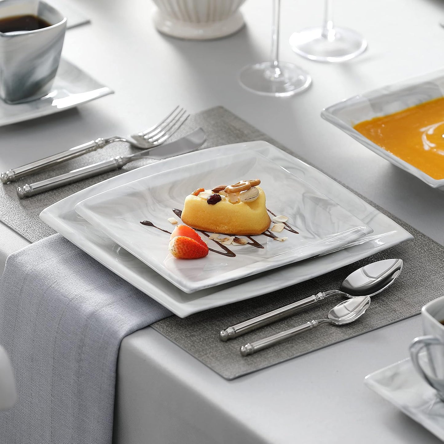 MALACASA Dinnerware Sets, 30 Piece Porcelain Plates and Bowls Sets for 6, Square Dish Set with Dinner Plates Set, Cup and Saucer, Modern Dishware Dishes Microwave Safe, Marble Grey, Series Blance