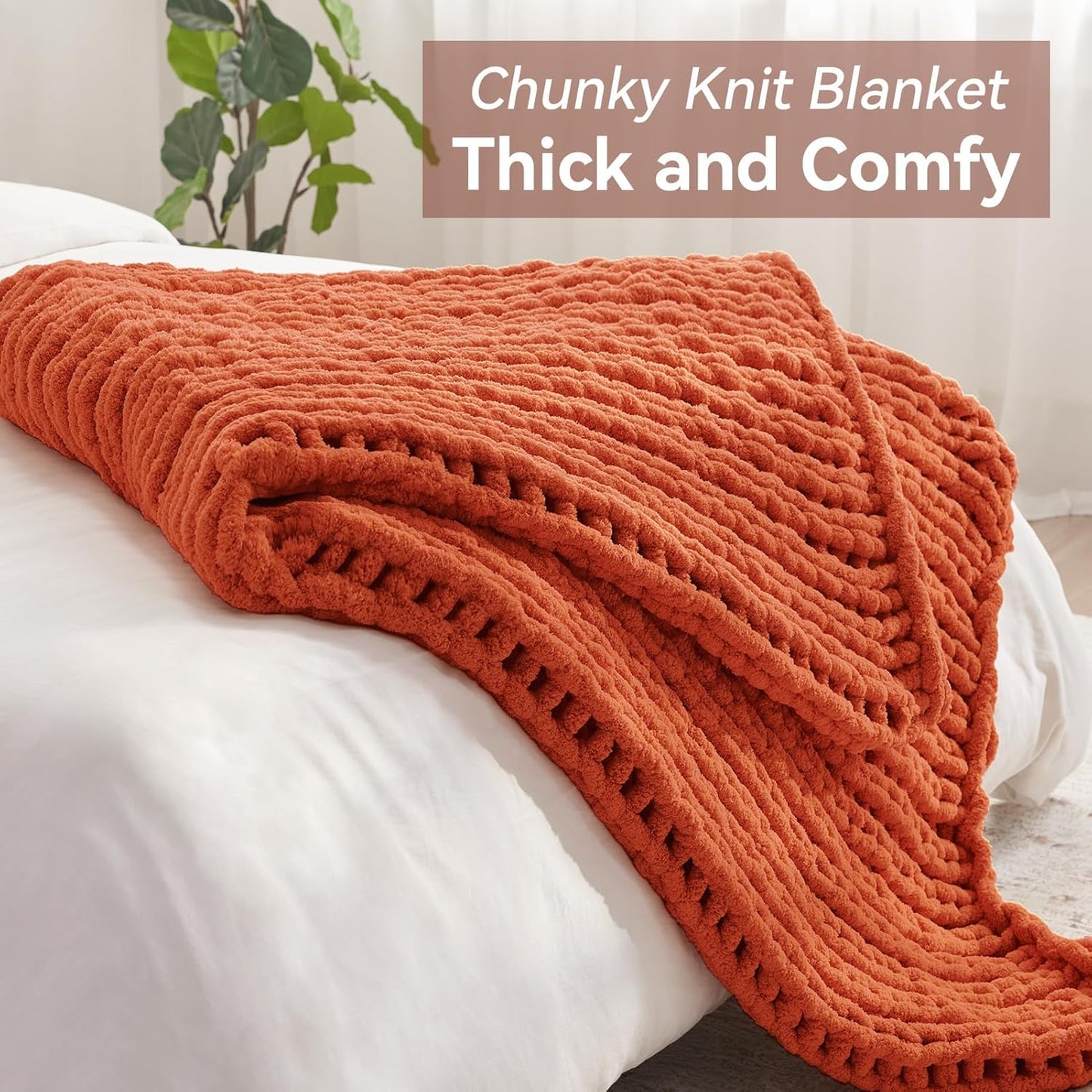 Chunky Knit Throw Blanket, 60''*80'' Knitted Throw Chenille Yarn for Bed Couch, Handmade Orange Crochet Big Thick Blanket, Machine Washable Cute Comfy Blanket for Home Decor
