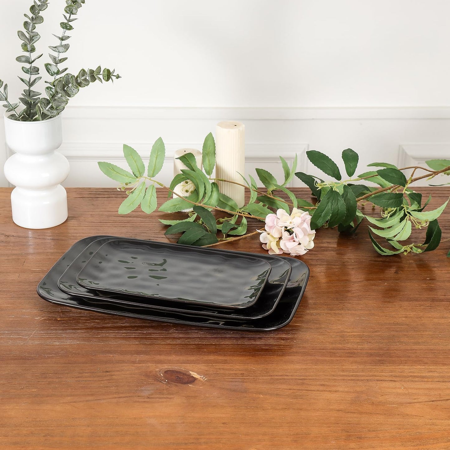 vicrays Ceramic Rectangle Serving Platters - 14" 12" 10" Porcelain Serving Trays Plates for Party BBQ Appetizers Sushi Dessert - Microwave Oven and Dishwasher Safe - Set of 3 Bright Black