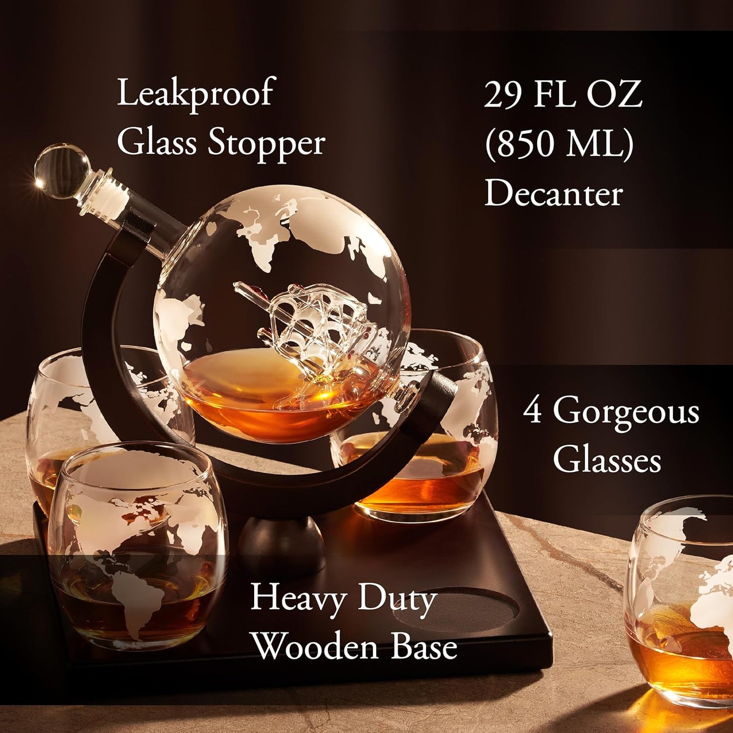 Whiskey Decanter Globe Set for Men with 4 Glasses, Bourbon, Rum, Scotch, Crystal Clear Decanter Sets - Whiskey Gifts for Men Dad Him (Globe Decanter)