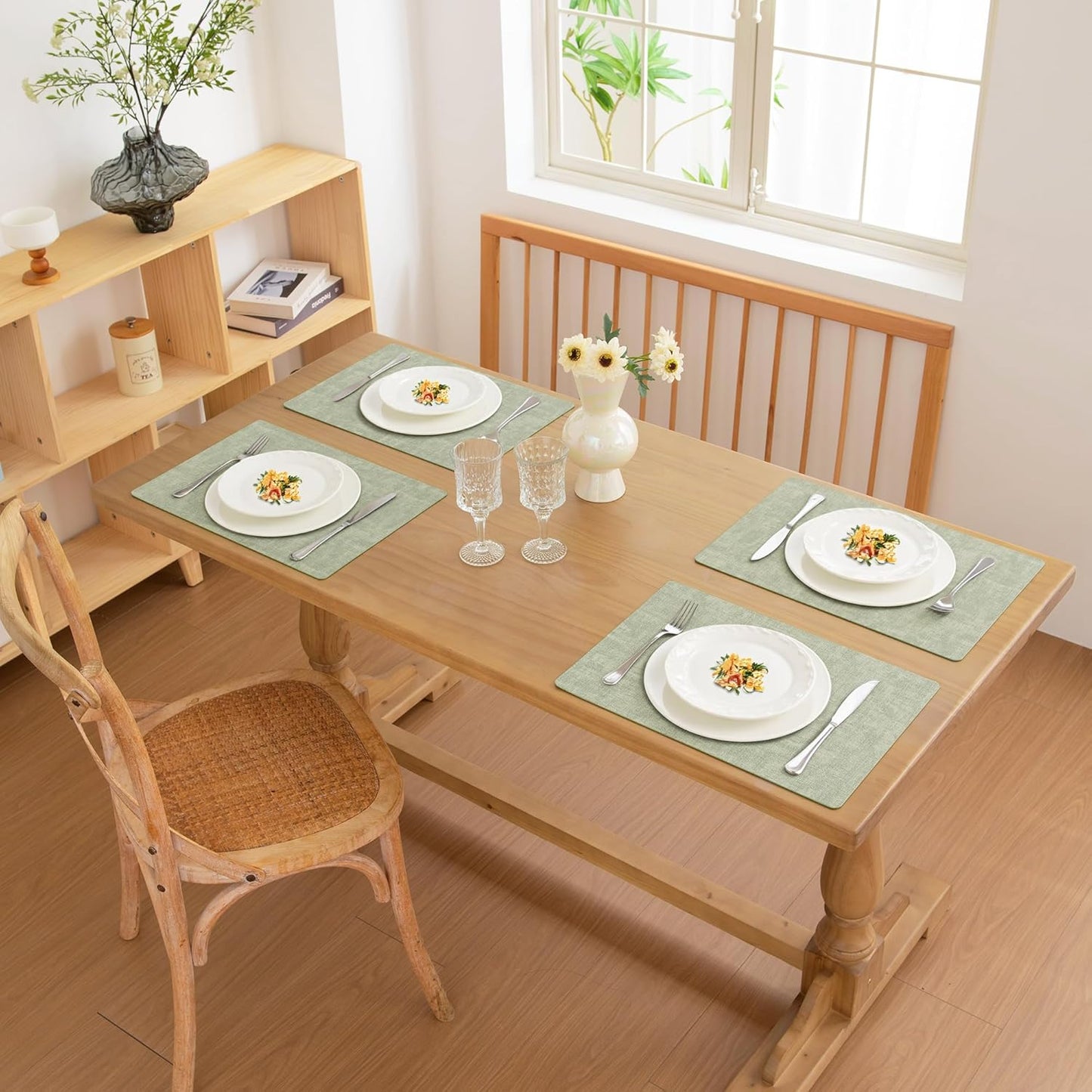 FROMHEART Faux Leather Placemats Set of 12–Waterproof,Heat/Oil Stain-Resistant PU Table Mat–Reversible,Non-Slip,Easy to Clean Place Mats for Kitchen,Dining,Indoor/Outdoor,(Light Green,11.8" x 17")