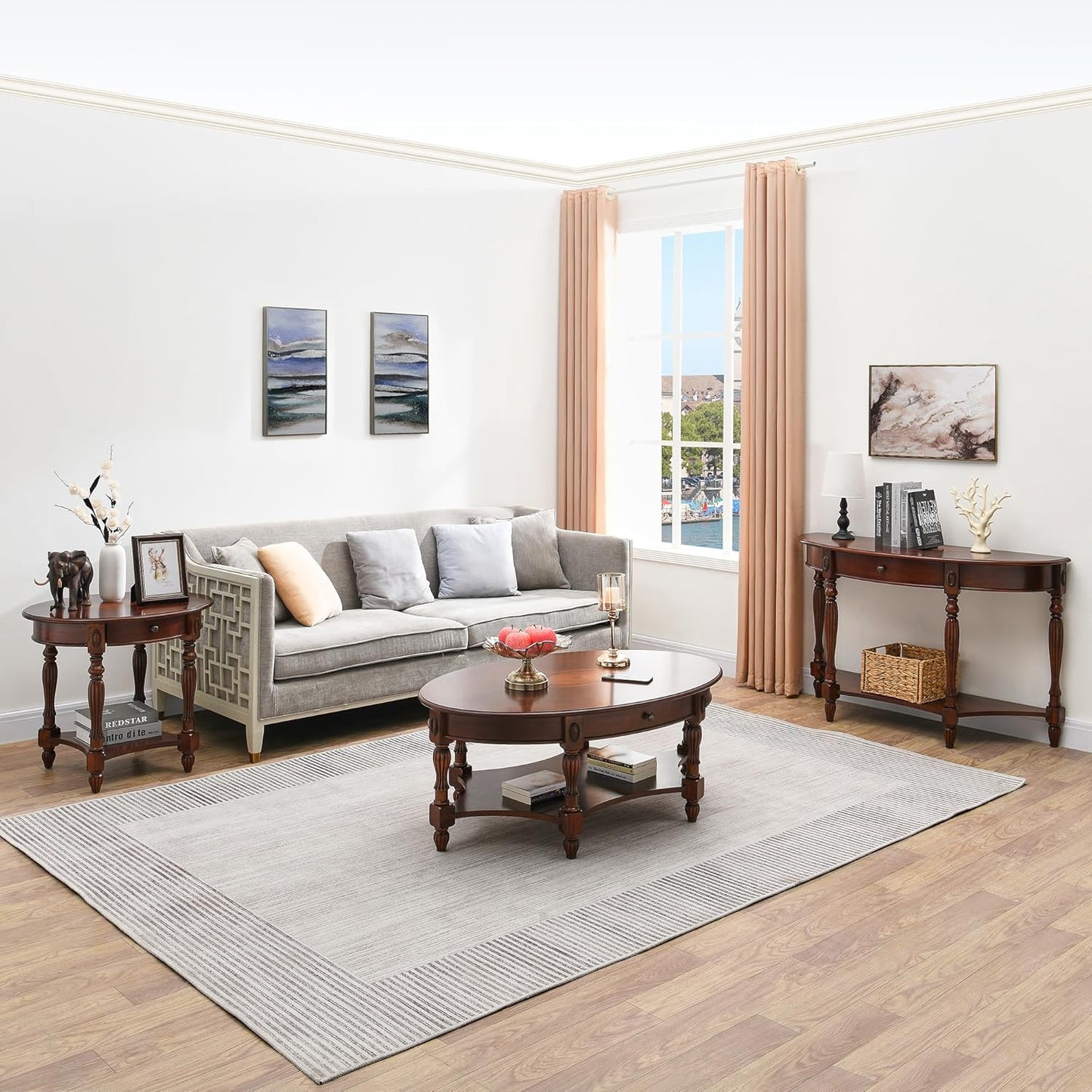 MODERION Solid Wood End Table with Drawer, Oval Sofa Side Table, Storage Shelf, Living Room Corner Table, Nightstand, 24”H Cherry Walnut CJZ1533WD-DR