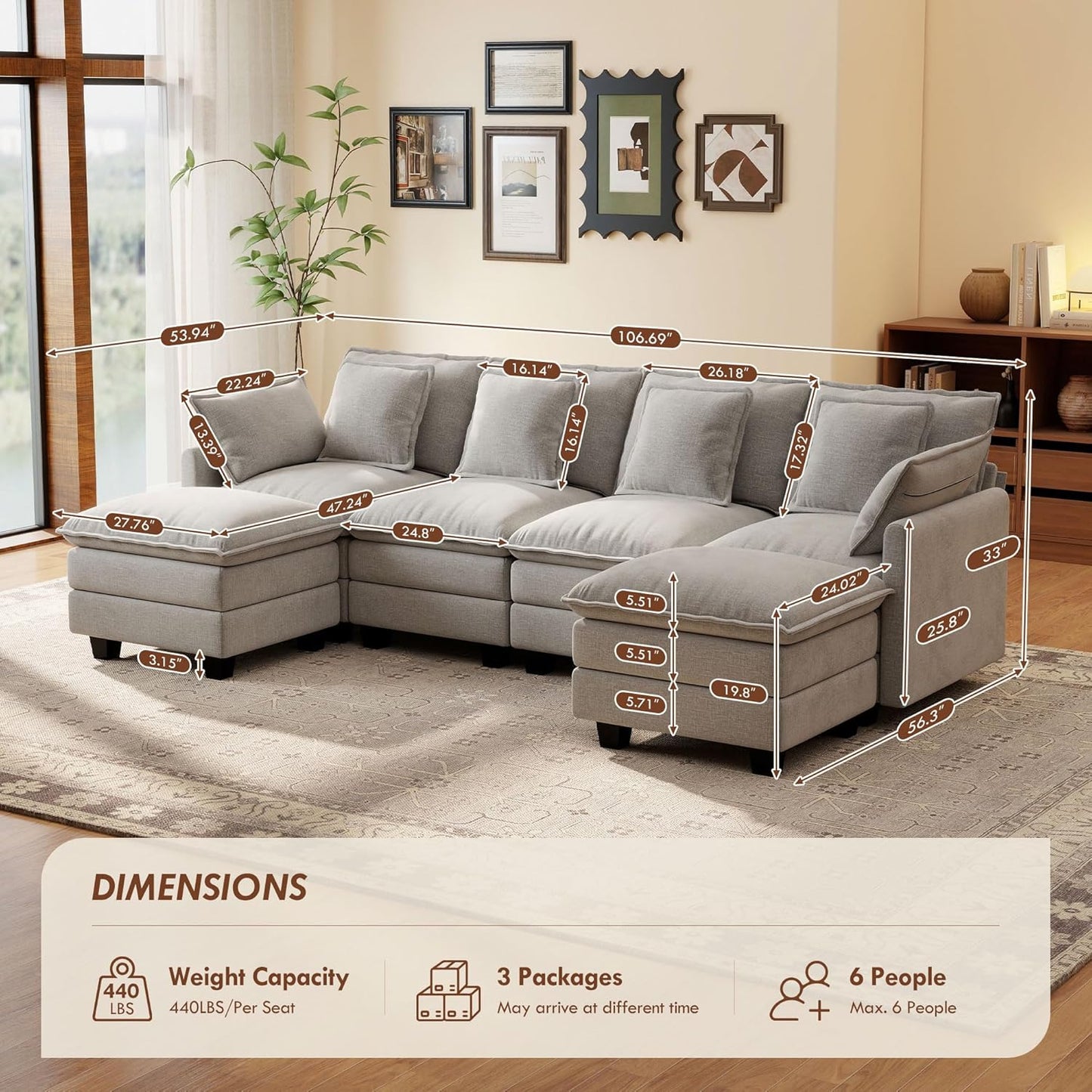 Ihanherry 106" L Shaped Modular Sectional Cloud Sofa, Modern 6 Seat Chenille Couch with Ottoman for Living Room, Bedroom and Apartment, Grey