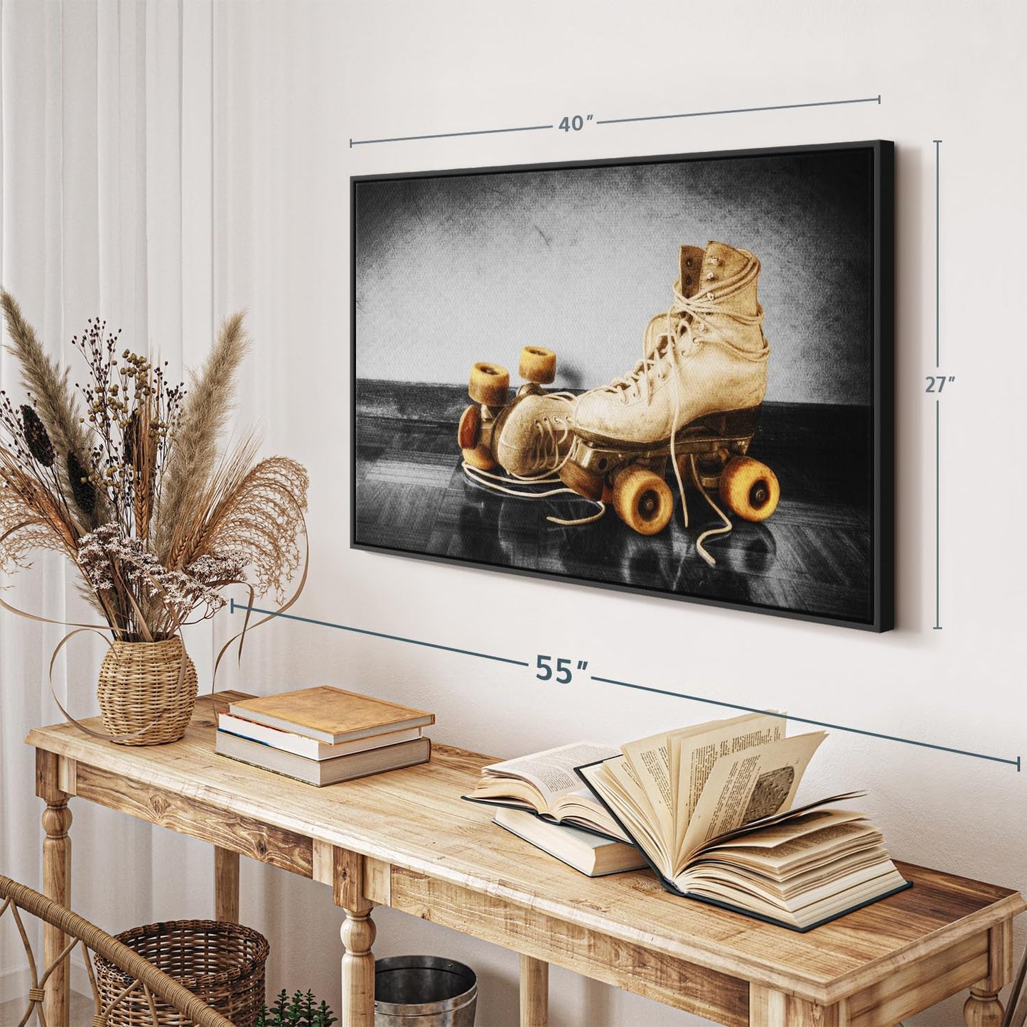 ElephantStock Vintage Skates Pop Wall Art - Horizontal Framed Canvas - 1-Piece Living Room Wall Decor - Sport Photography Canvas Print - Beige and Black Decor for Wall - 40" X 27"