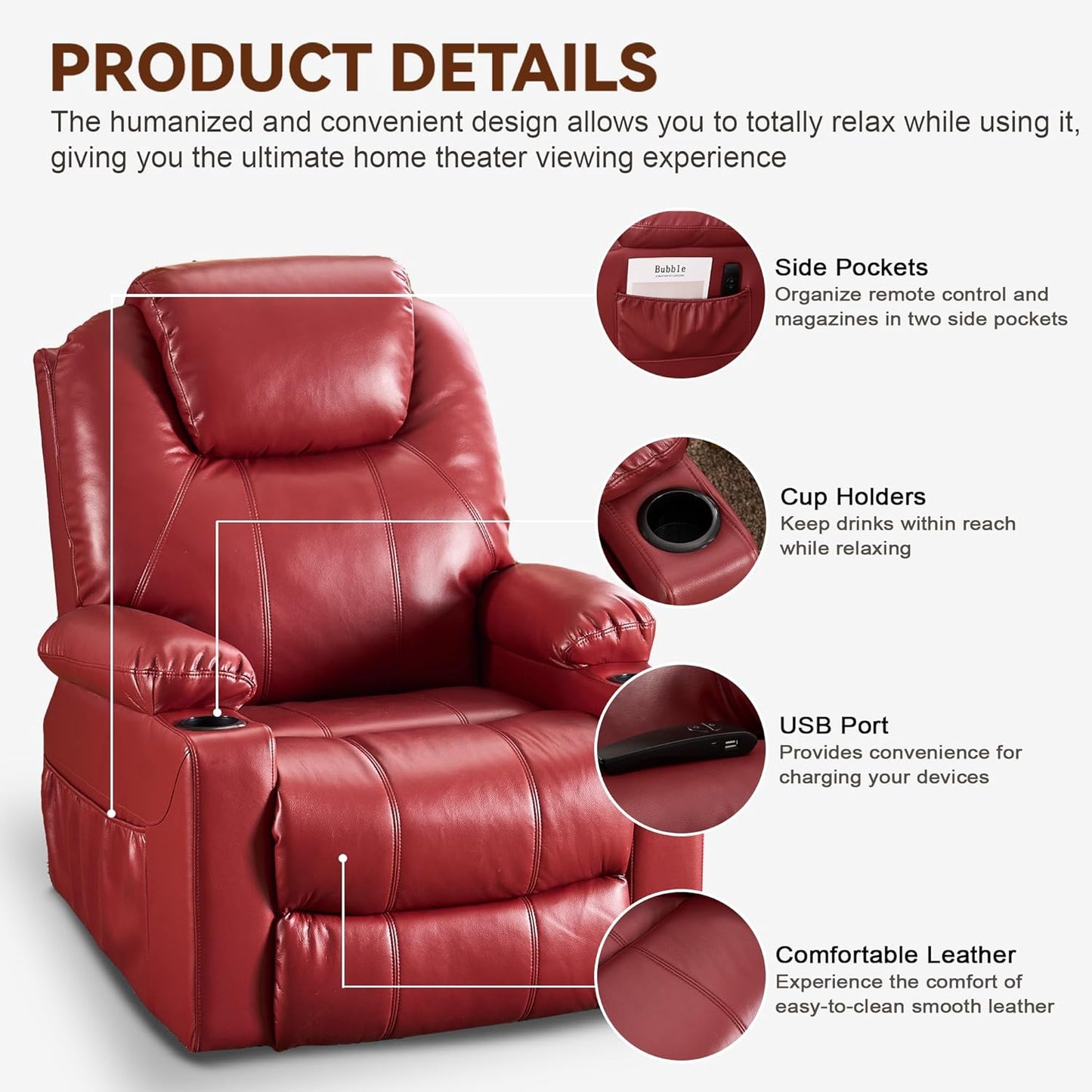SALOHZA Power Lift Recliner Chair for Elderly with Massage and Heat for Living Room, Electric Recliner Chair for Adults with USB/Type C Port/Cup Holders, PU Faux Leather, Red