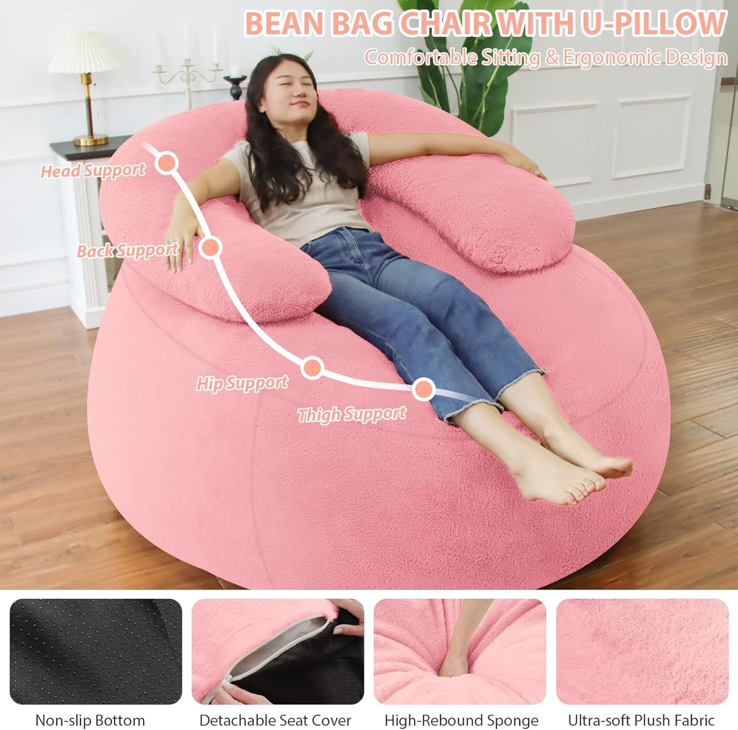 HABUTWAY Bean Bag Chair with U-shaped Pillow for Adult and Kids Big BeanBag Chair with Filling Ultra Soft Faux Fur Couch Chair with Washable Cover for Living Room Bedroom Office, Light Pink&Light Pink