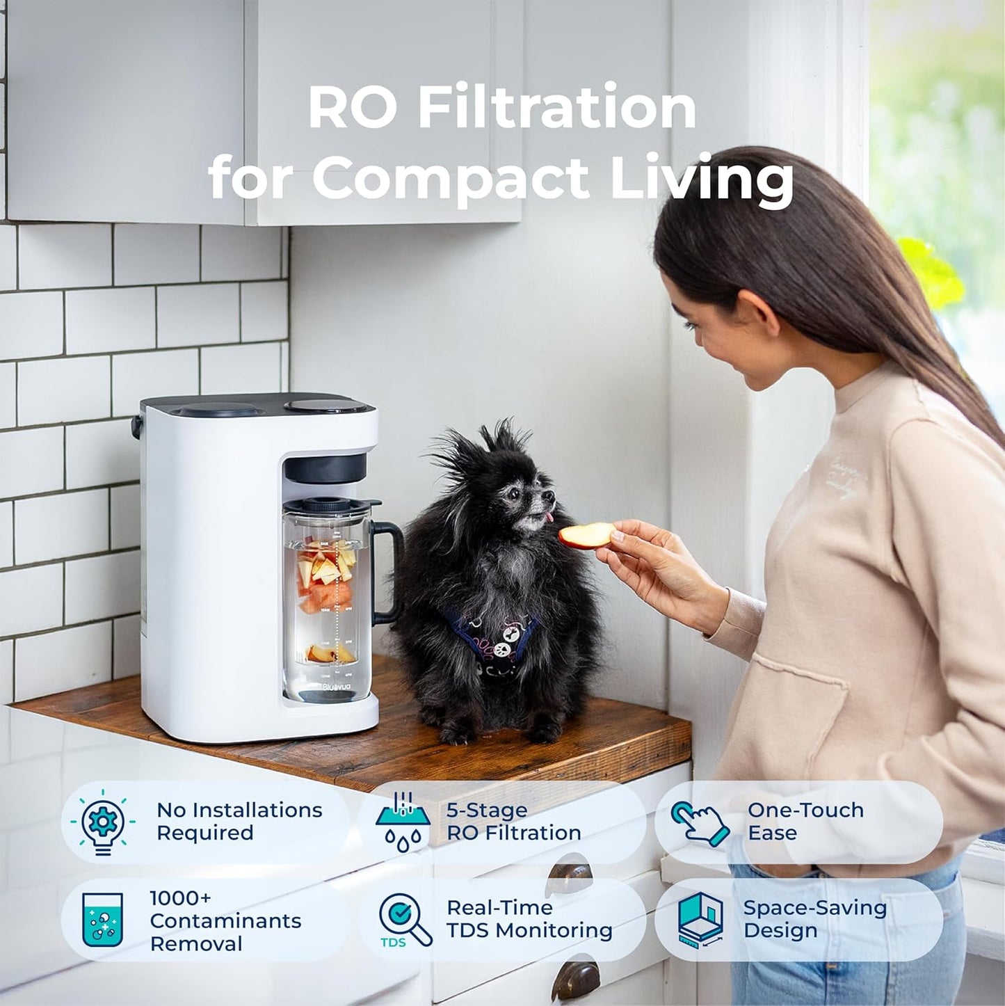 Bluevua RO100ROPOT-LITE Countertop Reverse Osmosis Water Filter System, 5 Stage Purification, 3:1 Pure to Drain, Portable Water Purifier (No Installation Required) (White)