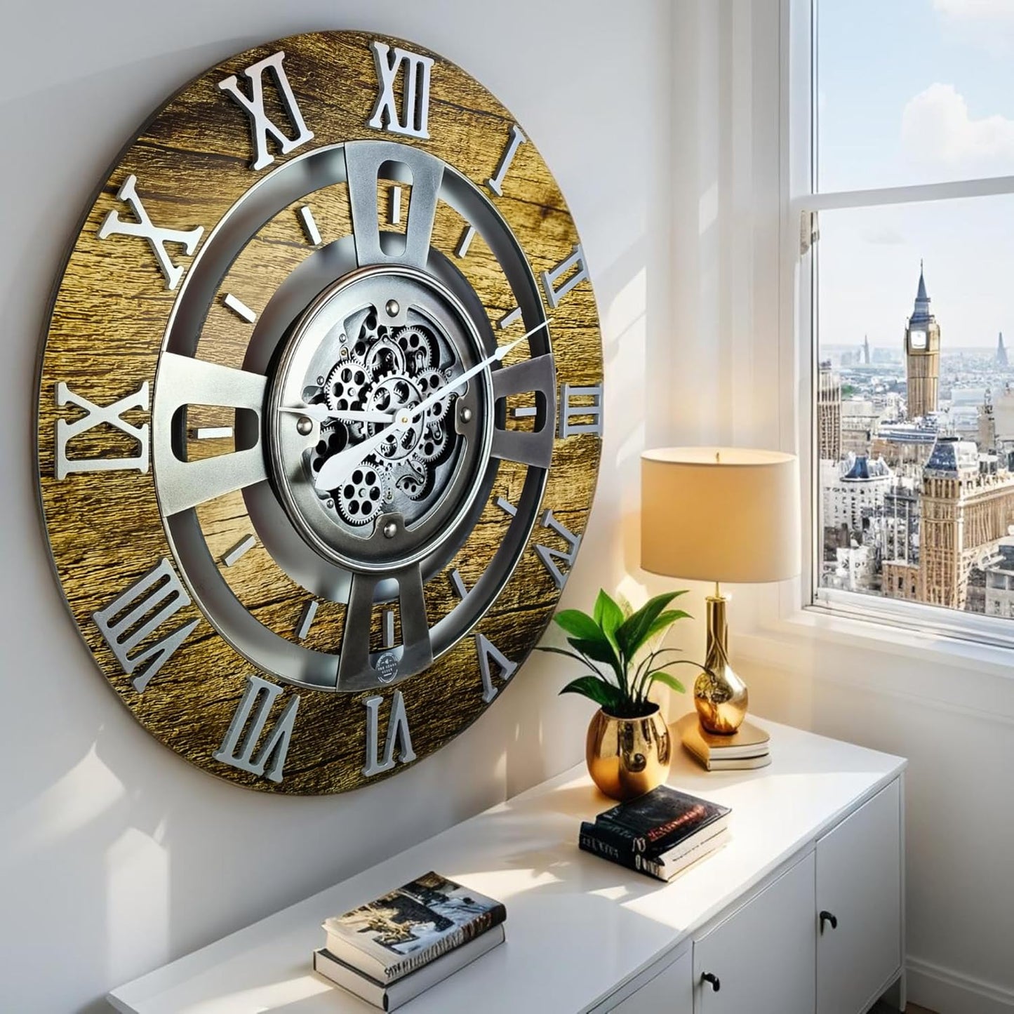 The Gears Clock Real Moving Gear Wall Clock England Line (Gold Antique, 36 inches (90 cm))