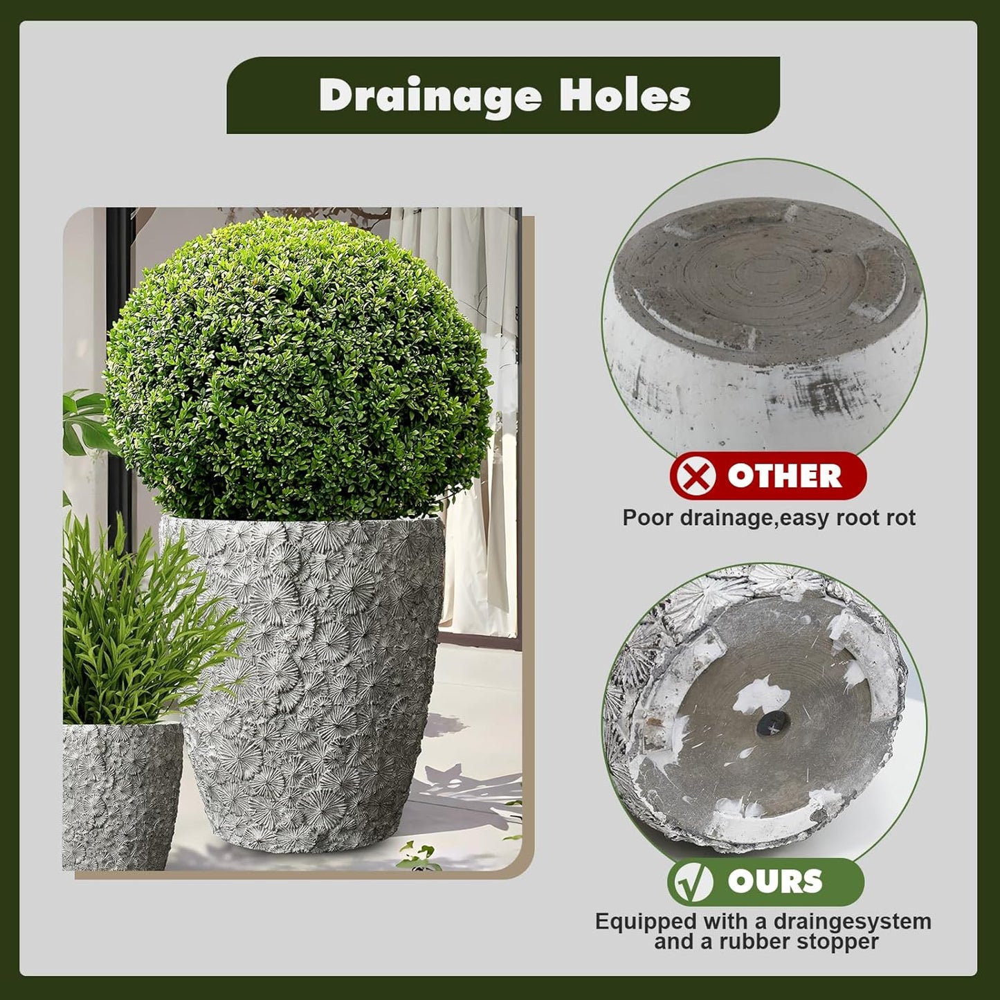 Craft flowerpots 16"+12"+10" Dia Round Concrete Planter Set of 3 Large Outdoor/Indoor Planter Pots Containers with Drainage Holes and Rubber Plug for Home Garden (Grey, Large)