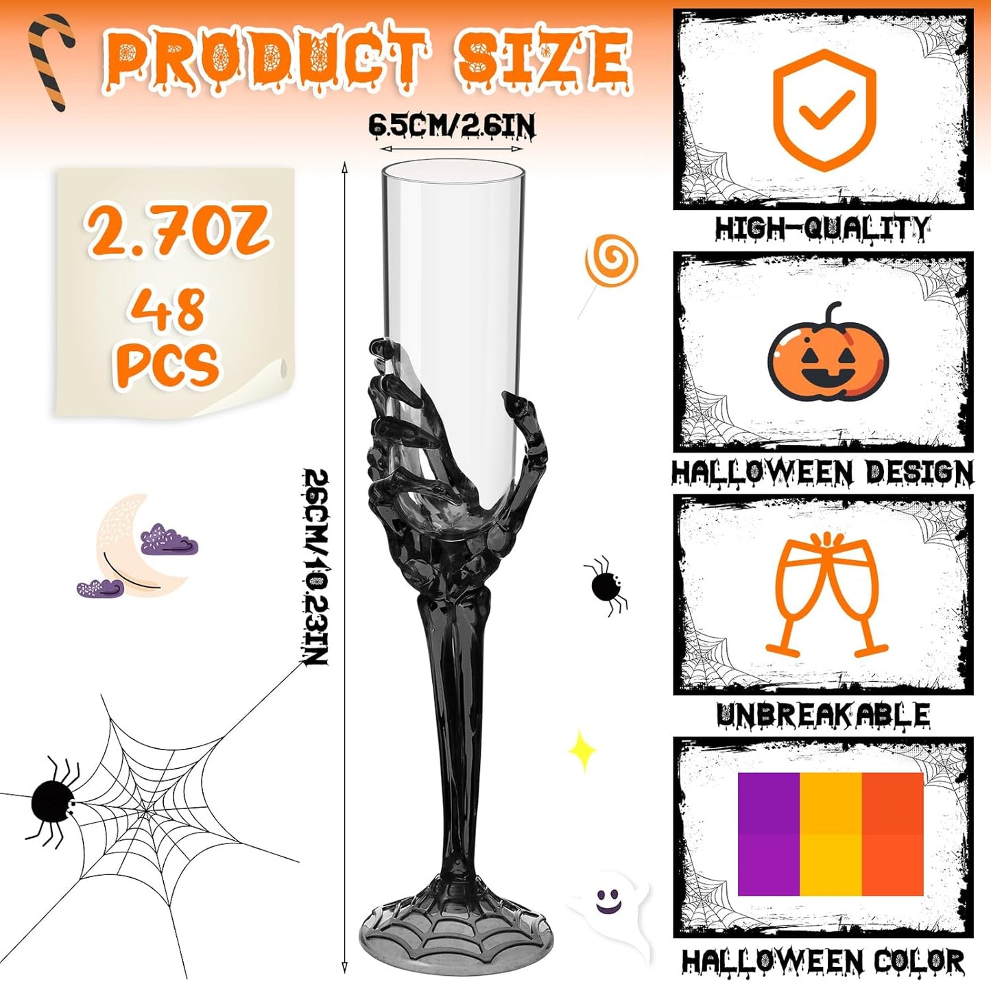 Bokon 48 Pcs Halloween Champagne Flutes Bulk Plastic Stemware Halloween Skeleton Hand Plastic Goblets Creepy Champagne Flute for Party Decoration(Black)