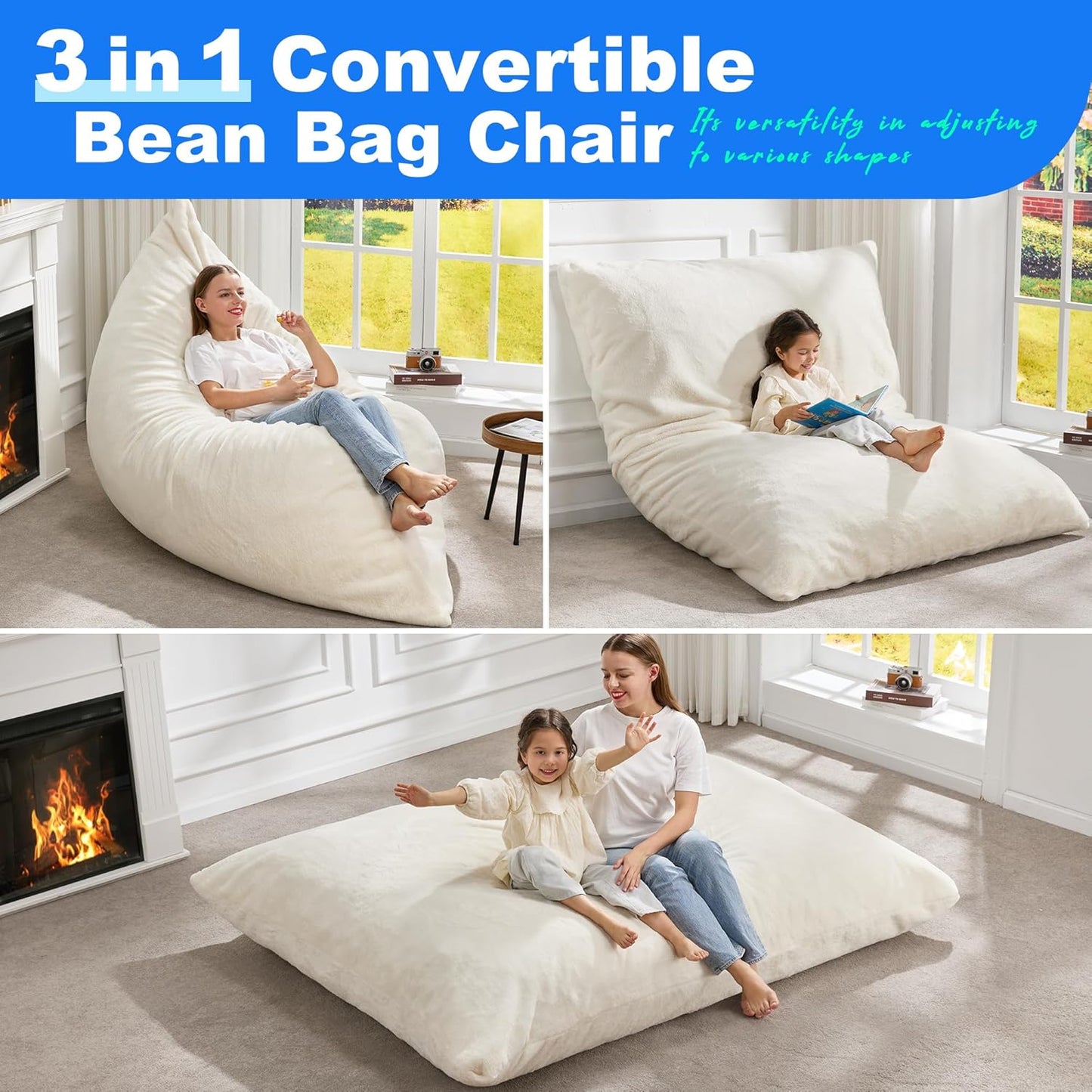 Hobestluk 3 in 1 Bean Bag Chair Giant Bean Bag Chairs for Adults with Plush Faux Fur Cover Convertible Bean Bag Floor Cushion with Machine Washable Cover for Living Room (Plush White)