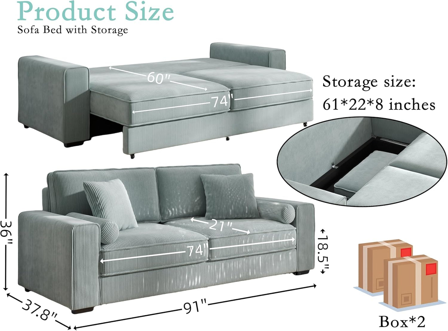 91-Inch Corduroy Pull Out Couch with Storage, Convertible Queen Sleeper Sofa with Pull Out Bed, Hide a Bed Couches for Bedroom, Guest Room, Apartment, Small Places, RV (Sage Green)