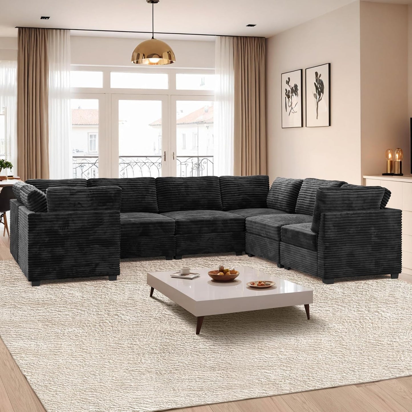 ovios Sectional Sofa Couch with U-Shape Chaise Oversized, Comfy Modular Cloud Couches with Deep Seat, Modern Upholstered Plush Corduroy Sofas Set for Living Room, 7-Seater, Black