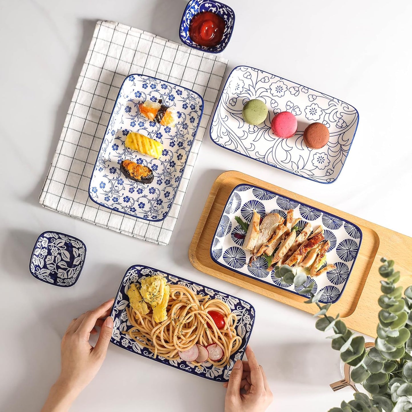 Selamica Ceramic Rectangular Salad Plates Set of 4, 8 Inch Small Serving Plates for Appetizers, Sushi, Fruit, Vintage Blue