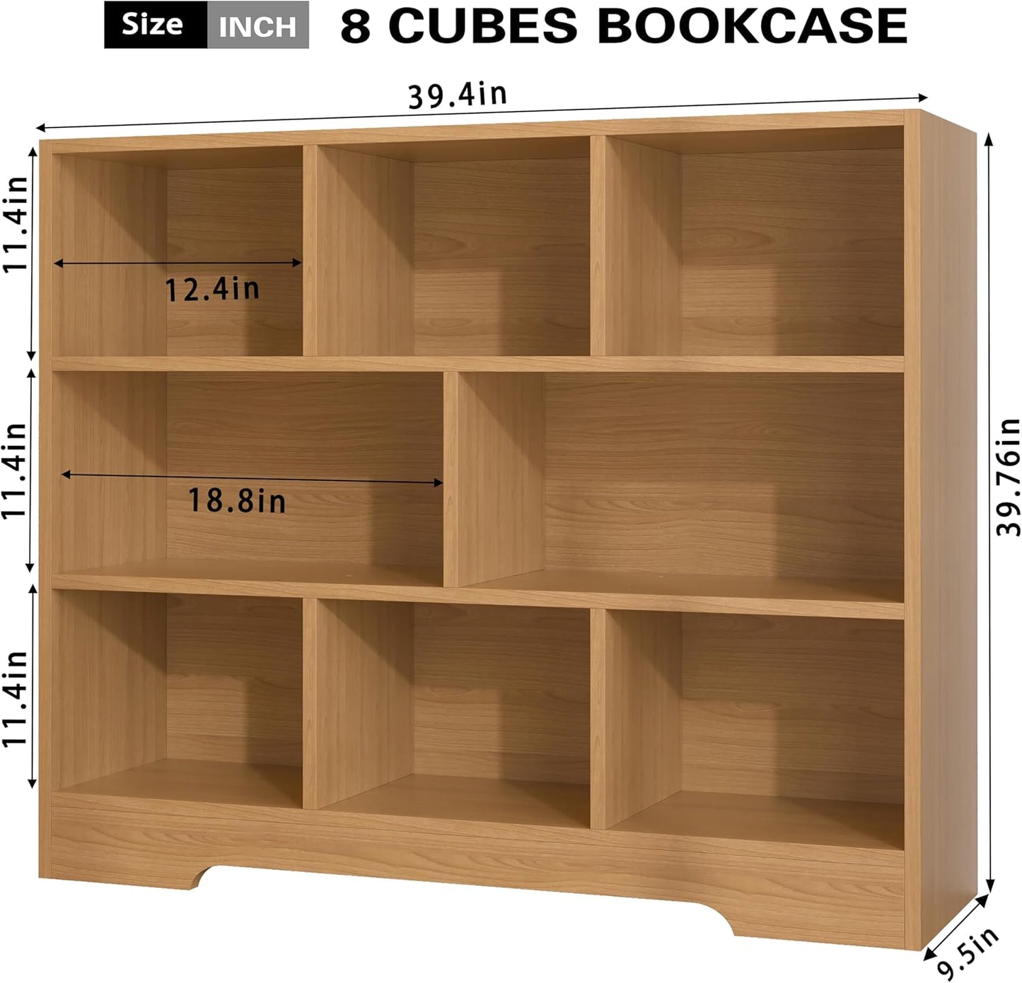 Book Shelf, 8 Cubes Storage Organizer, 3-Tier Open Shelf Wooden Bookcase, Freestanding Log Bookshelf Cube Shelf for Bedroom, Living Room, Home Office