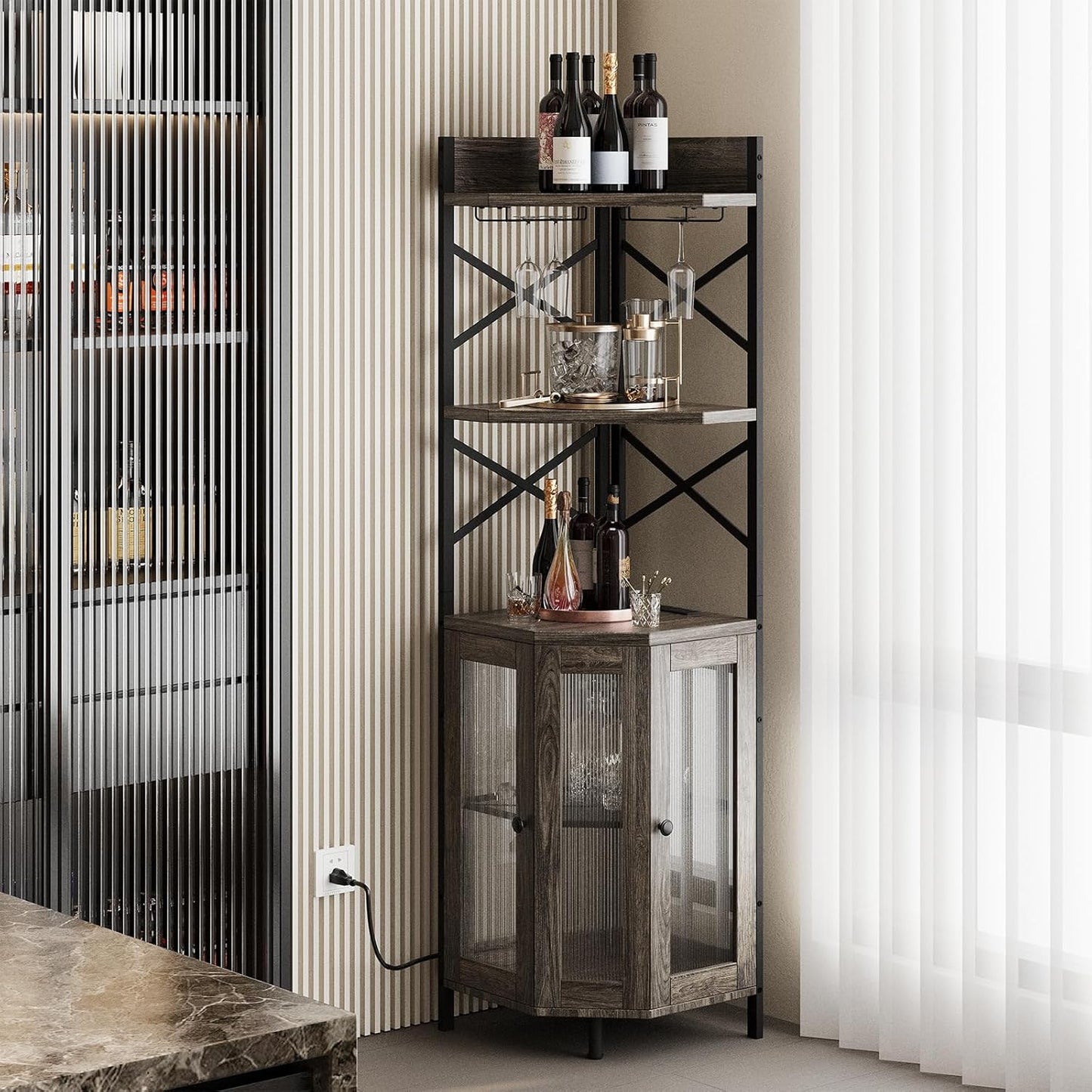 Corner Bar Cabinet with Power Outlet, 5-Tier Corner Wine Cabinet with Led Strip and Glass Holder, Industrial Tall Liquor Cabinet Bar Wine Rack for Home, Grey Oak