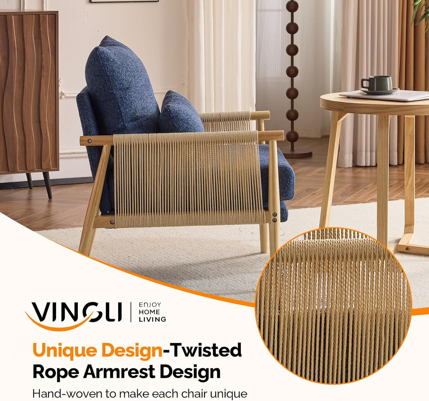 VINGLI Boho Braid Accent Armchair,Mid-Century Modern Chiar with Solid Wooden Armrest,Comfy Louge Cushion Chair with Waist Pillow for Bedroom,Living Room,Reading Room, Blue