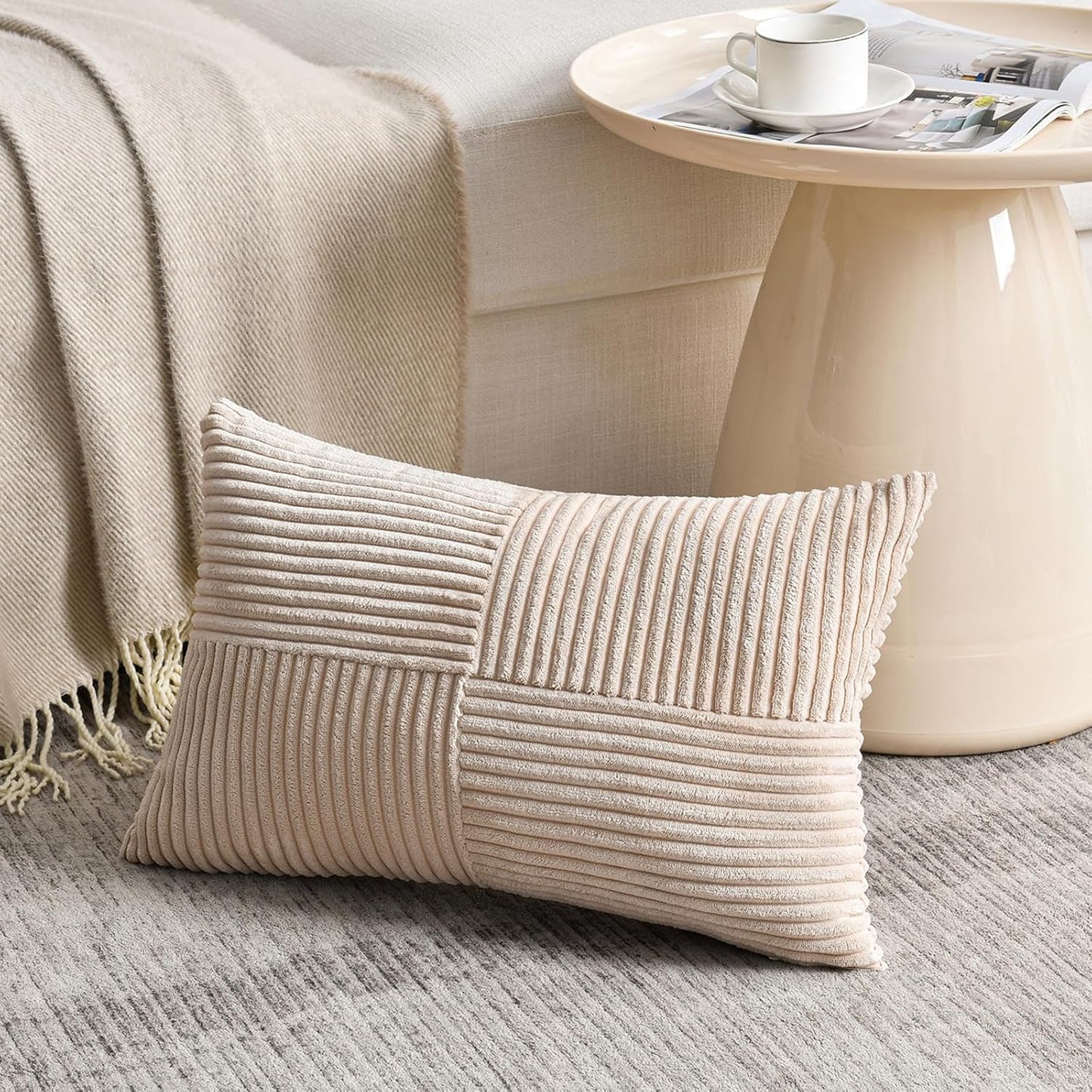 Fancy Homi 2 Packs Tan Lumbar Decorative Throw Pillow Covers 12x20 Inch for Living Room Couch Bed Sofa, Boho Home Decor, Soft Striped Corduroy Rectangle Accent Beige Cushion Case 30x50 cm