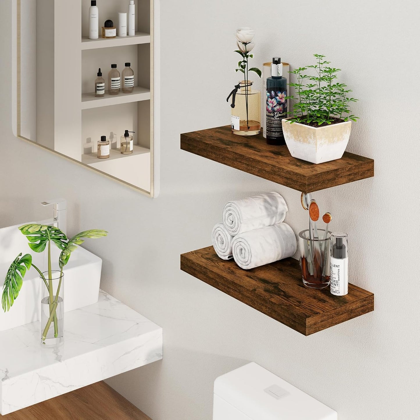 Floating Shelves, 8 Inch Deep Floating Shelves, 24"W x 8"D Wall Shelves Set of 2, Rustic Wood Floating Shelf for Home Decor, Deep Storage Shelves for Kitchen, Bedroom, Living Room, Rustic Brown