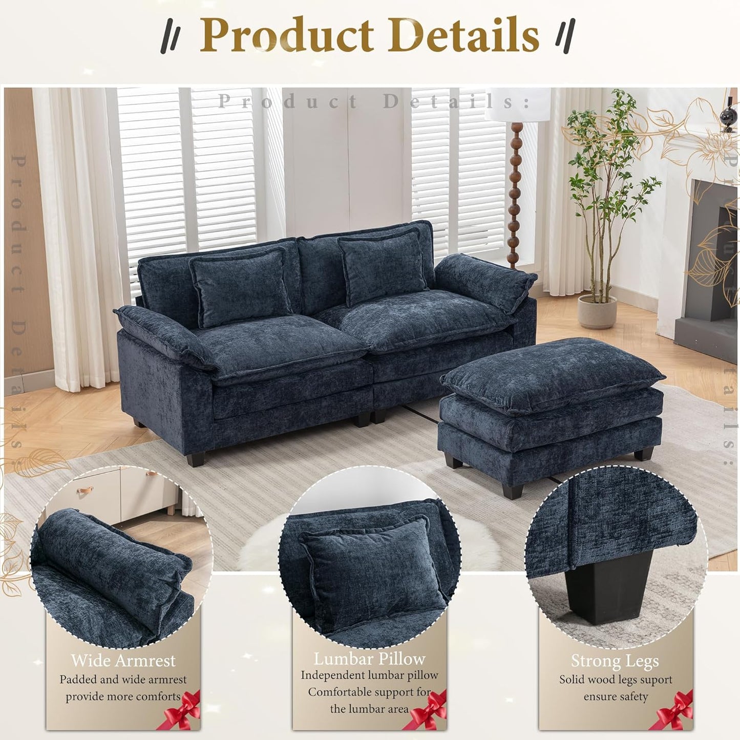 URRED Modular Sectional Sofa Comfy Cloud Couch, Modern Chenille Sofa Sleeper Deep Seat Couches with Ottoman/Pillows for Living Room (Blue, 82.6''- L Shape)