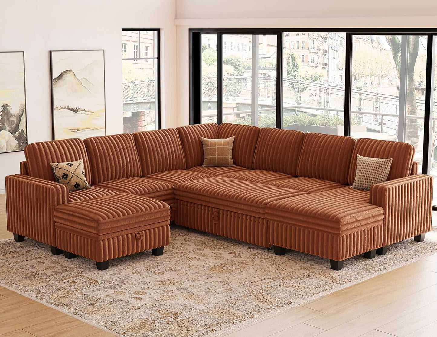 Belffin Oversized Sofa Bed Modular Sectional Sleeper Sofa with Pull Out Bed L Shaped Couch with Storage Chaise Brick Red Couch