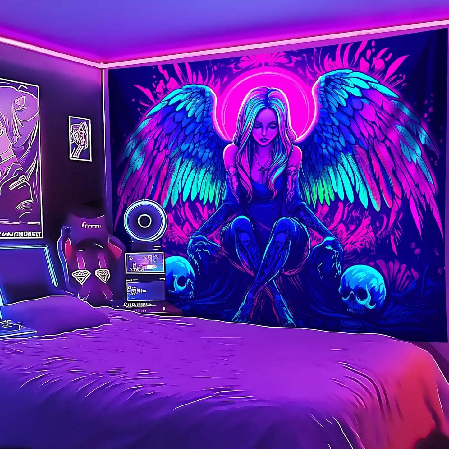 Blacklight Tapestry,WingTapestry Glow In The Dark,UV Reactive Black Light Upright Posters Wall Hanging for Bedroom Dorm Living Room Backdrop Decor (wing4, 59L" x 51W")