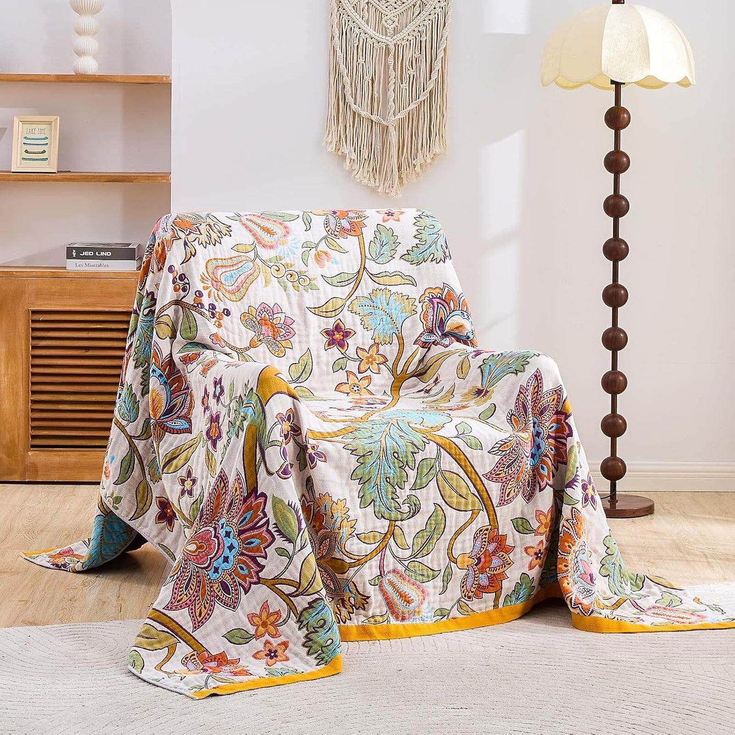 Boho Throw Blanket for Bed, 100% Cotton Soft Rustic Quilt Fall Blanket, 50"x60" Floral Printed Farmhouse Decor Bed Blankets, All Season Rustic Reversible Bohemian Throw Quilt