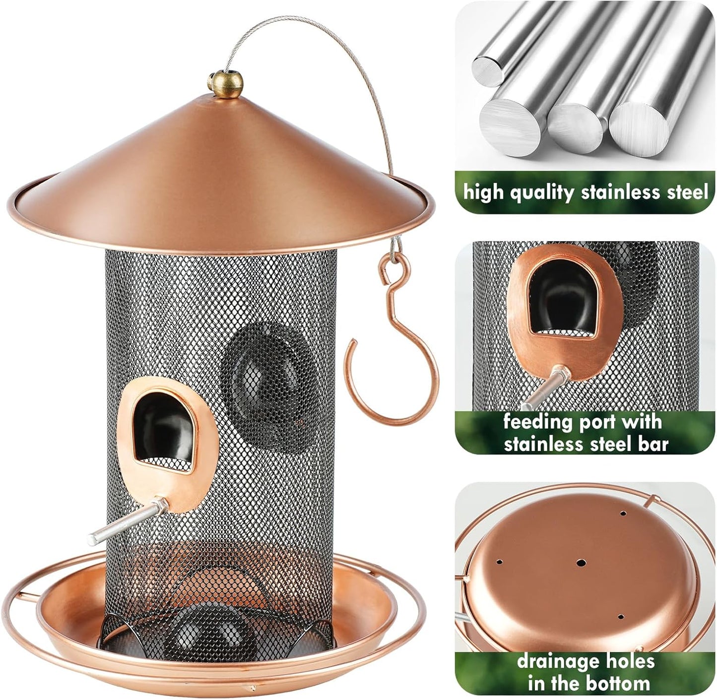 Bird Feeder for Outdoor, Metal Wild Bird Feeder Hanging Outside, 7.5" Copper Roof and 360 Degree Feeding Tray with 2 Extra Feeding Ports, 3 Lbs Bird Seeds Capacity