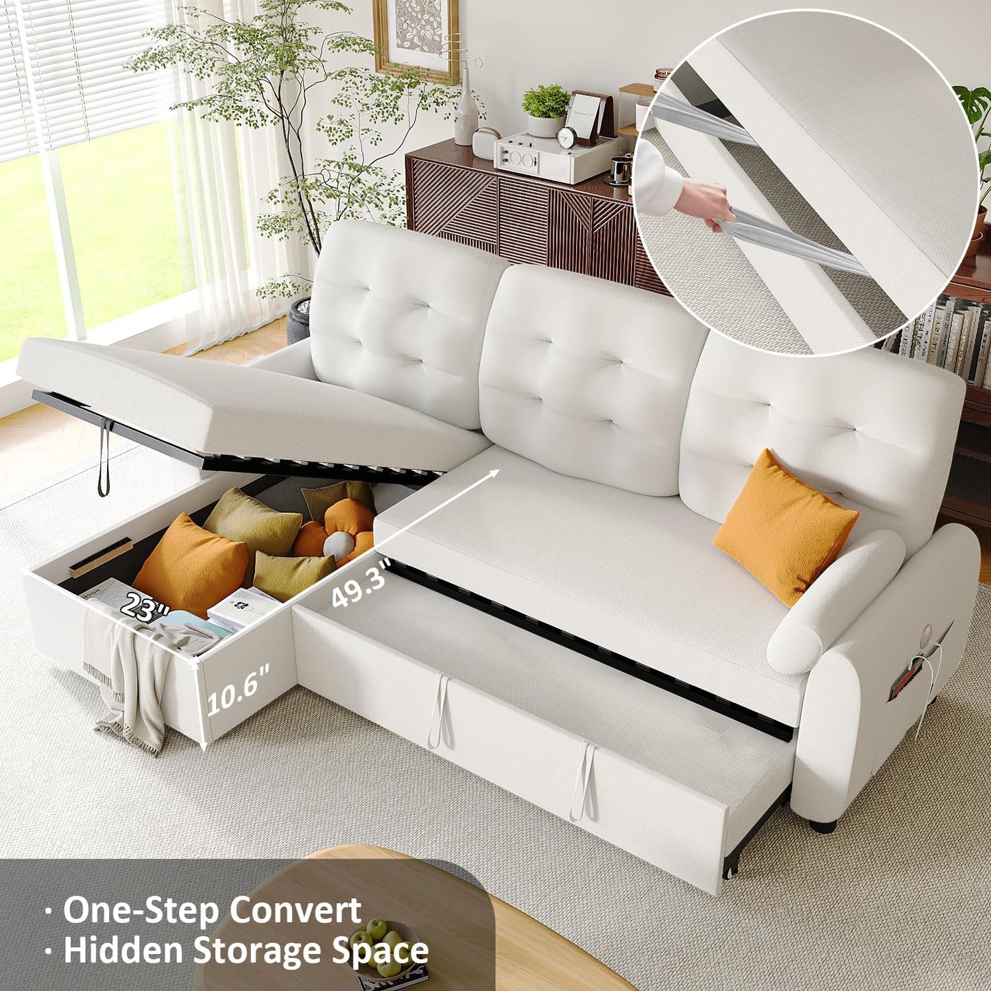 Ucloveria Sleeper Sofa Bed, 86" Convertible Sectional Sofa Couches for Living Room, 4 in 1 Pull Out Couch Bed with Reversible Storage Chaise | USB Ports | Side Pockets | Removable Backrest