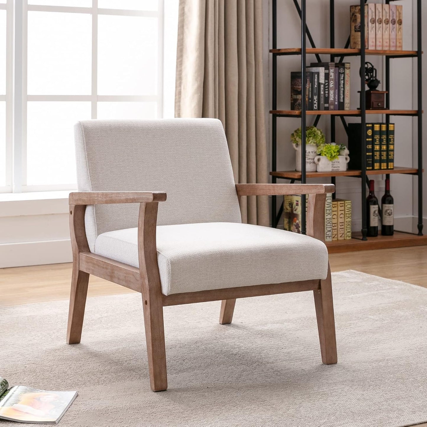 Accent Chair Mid Century Modern Armchair, Linen Upholstered Living Room Accent Armchair with Wood Frame, Farmhouse Chair Indoor Corner Chair for Living Room Bedroom, Ivory