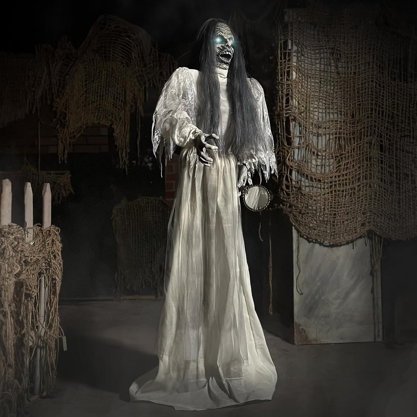 Haunted Hill Farm Lifesize Scary Haunted Woman Halloween Prop with Touch Activated Lights and Sound, Battery-Operated Indoor or Covered Outdoor Halloween Decoration