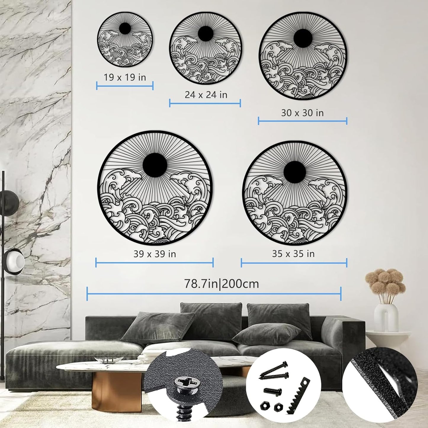 flyoak Metal Sun Wall Decor Outdoor, Sunrise Metal Wall Art, Metal Wave Wall Art, Sunrise and Wave Wall Decor, Sunburst Wall Art, Sunset Wall Art, Wall Hangings for Bedroom (Silver, 30x30in|76x76cm)