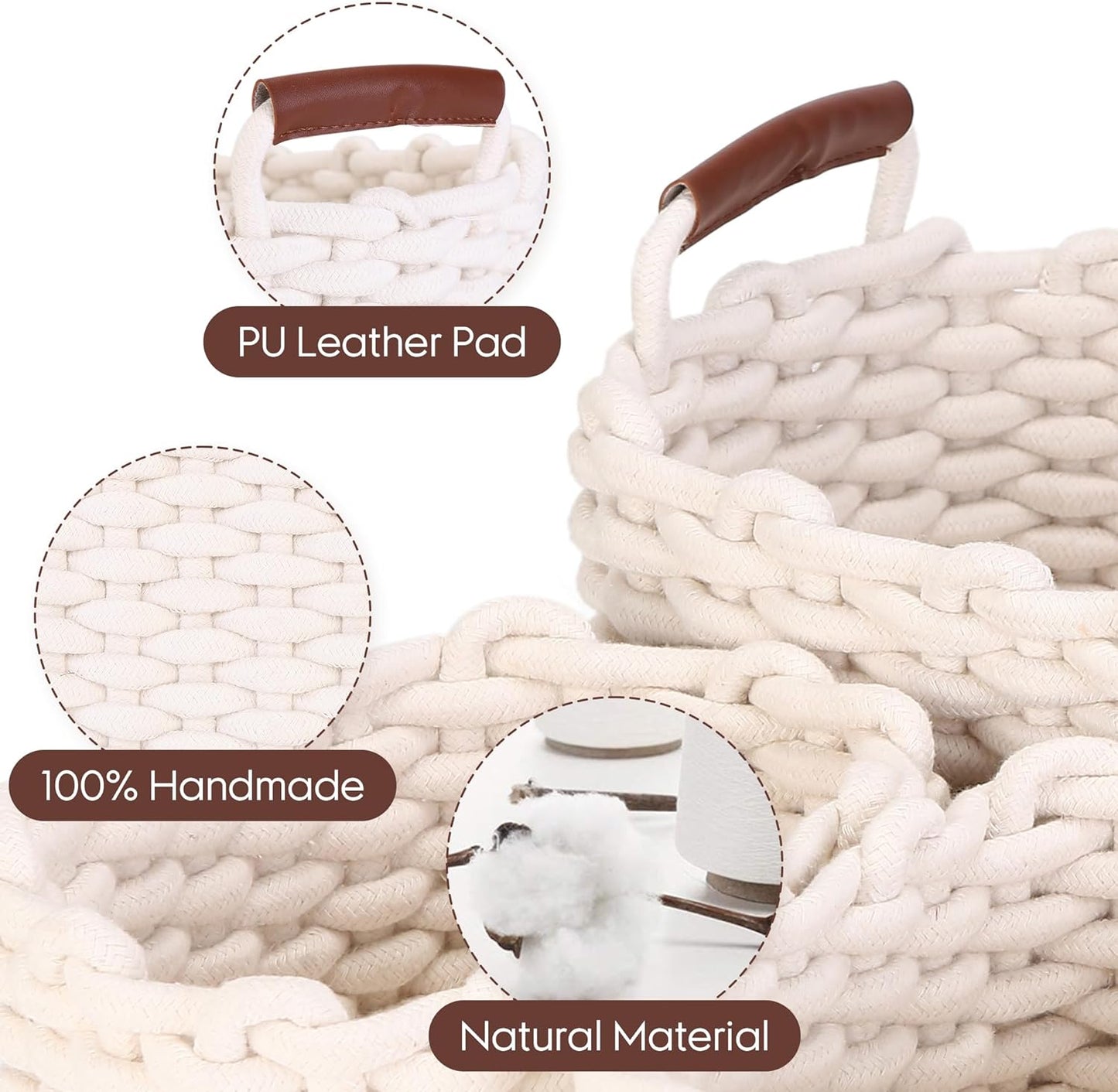 Sea Team 3-Pack Rectangle Woven Cotton Rope Storage Baskets with Handles, Shelf Basket, Closet Organizers, 3-in-1, White
