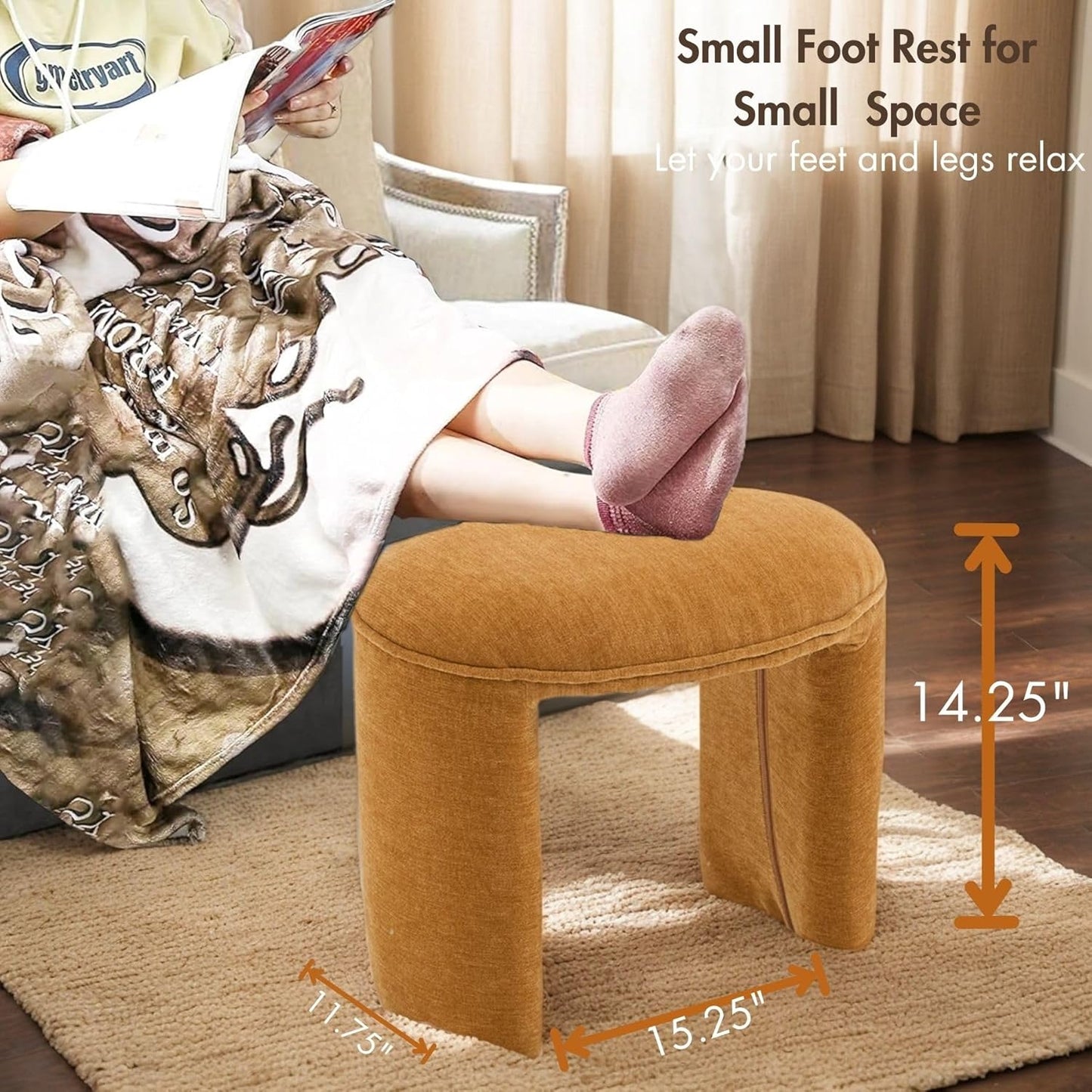 3-Piece 53" Comfy Upholstered Dining Bench with 2 Ottomans, Accent Waterfall Bench Modern End of Bed Entryway Bench Vanity Stool，Pumpkin Chenille