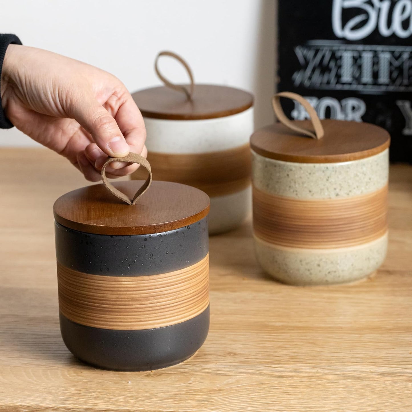 Coffee Container Jar with Lid, Ceramic Kitchen Food Storage Jars for Spice Sugar Cookie, Stackable Decorative Jars for Coffee Bar, Black & 28oz