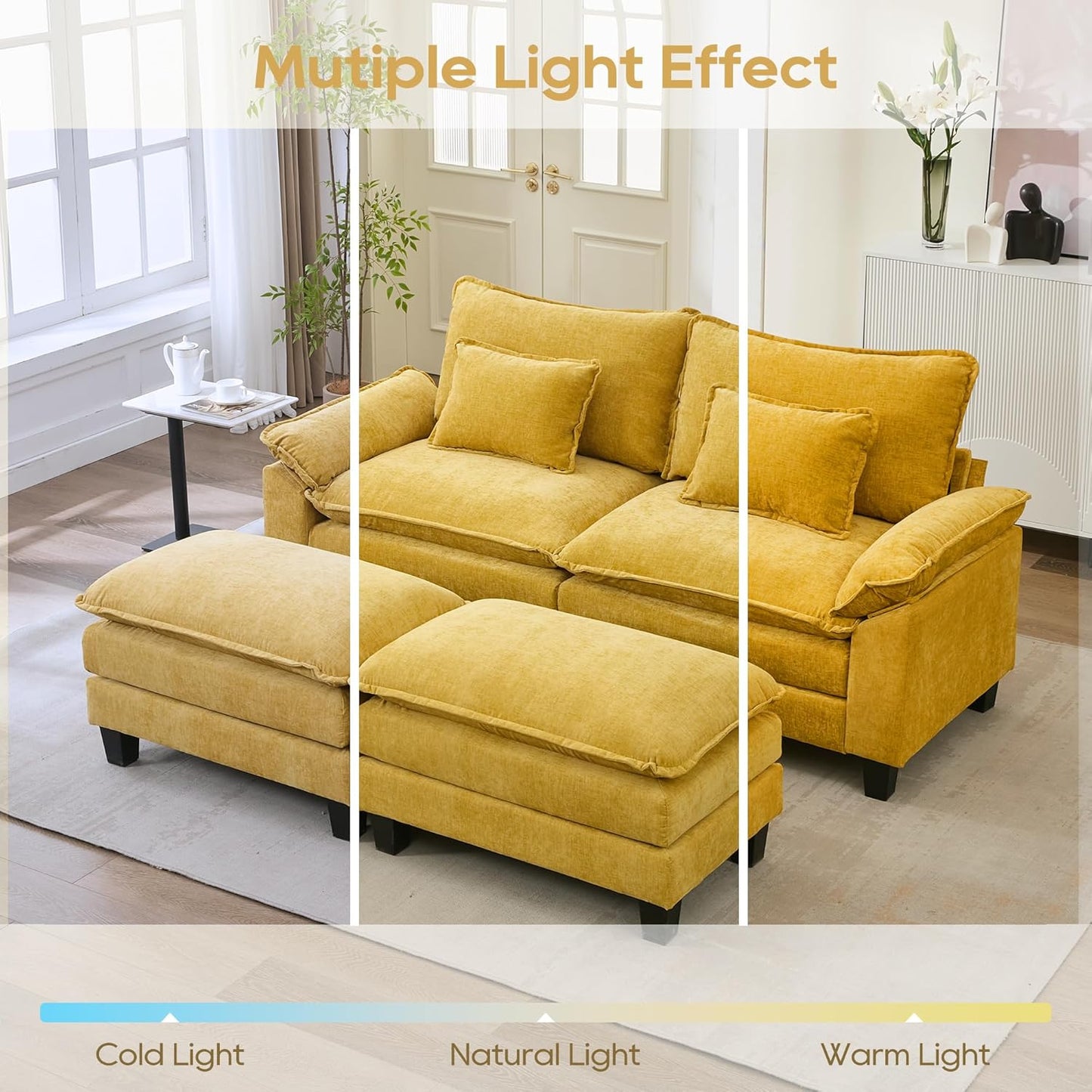 URRED Modular Sectional Sofa Comfy Cloud Couch, Modern Chenille Sofa Sleeper Deep Seat Couches with Ottoman/Pillows for Living Room (Yellow, 82.6''- 2 Ottomans)