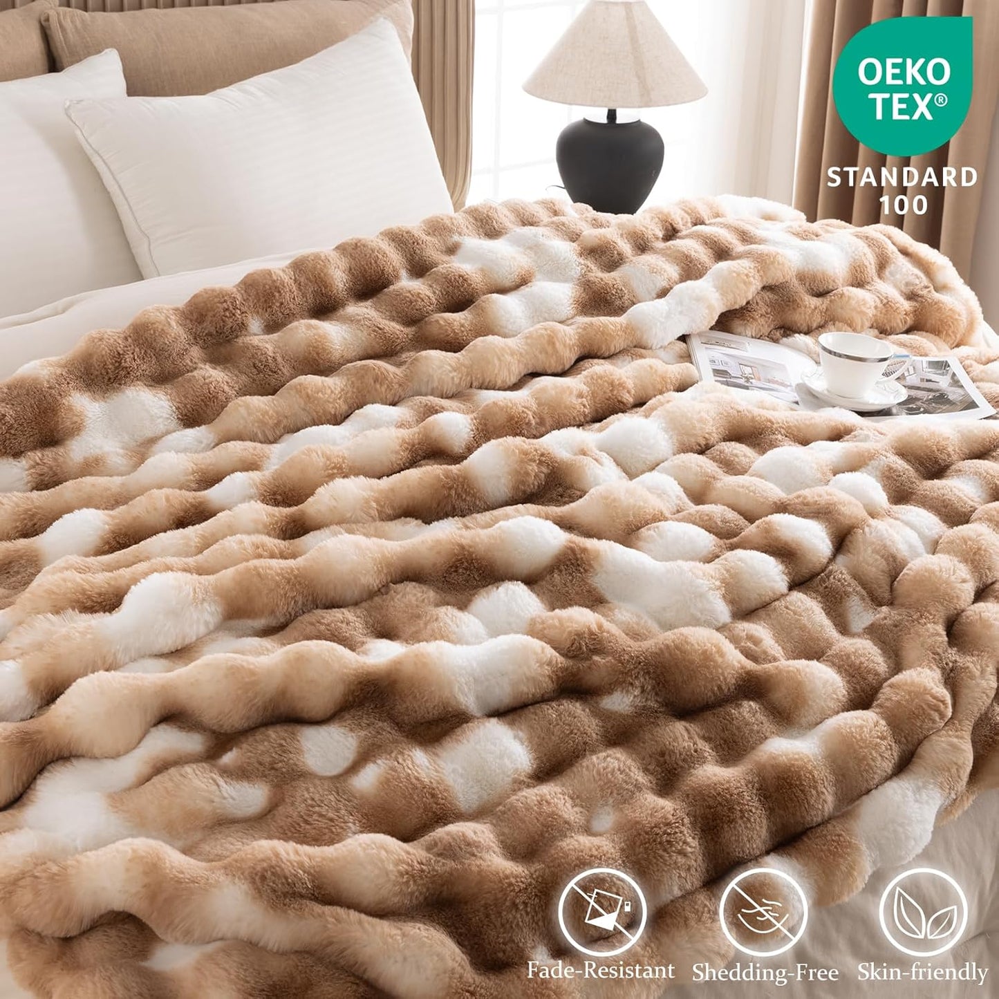Cozy Faux Fur Throw Blanket for Bed-Warm Fuzzy Throw Blanket, Soft Plush Thick Bubble Blankets for Bedroom and Living Room, Furry Luxury Blanket, 90 x 108, Tie-Dye Brown