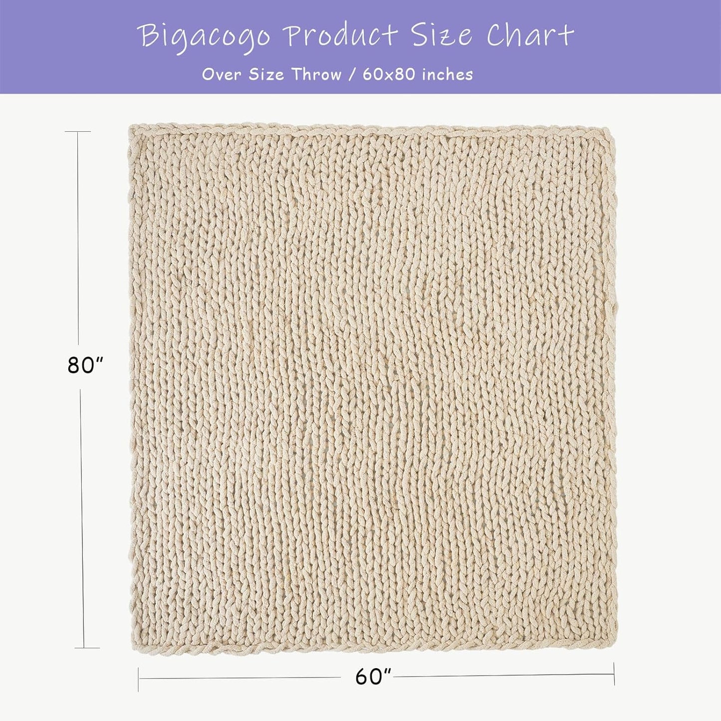 Bigacogo Chunky Knit Throw Blanket for Couch, 60x80 inches, 100% Hand Knitted with Thick Jumbo Chenille Yarn, Cozy Soft Large Rope Knot Cable Crochet Blankets for Sofa Bed Living Room, Beige