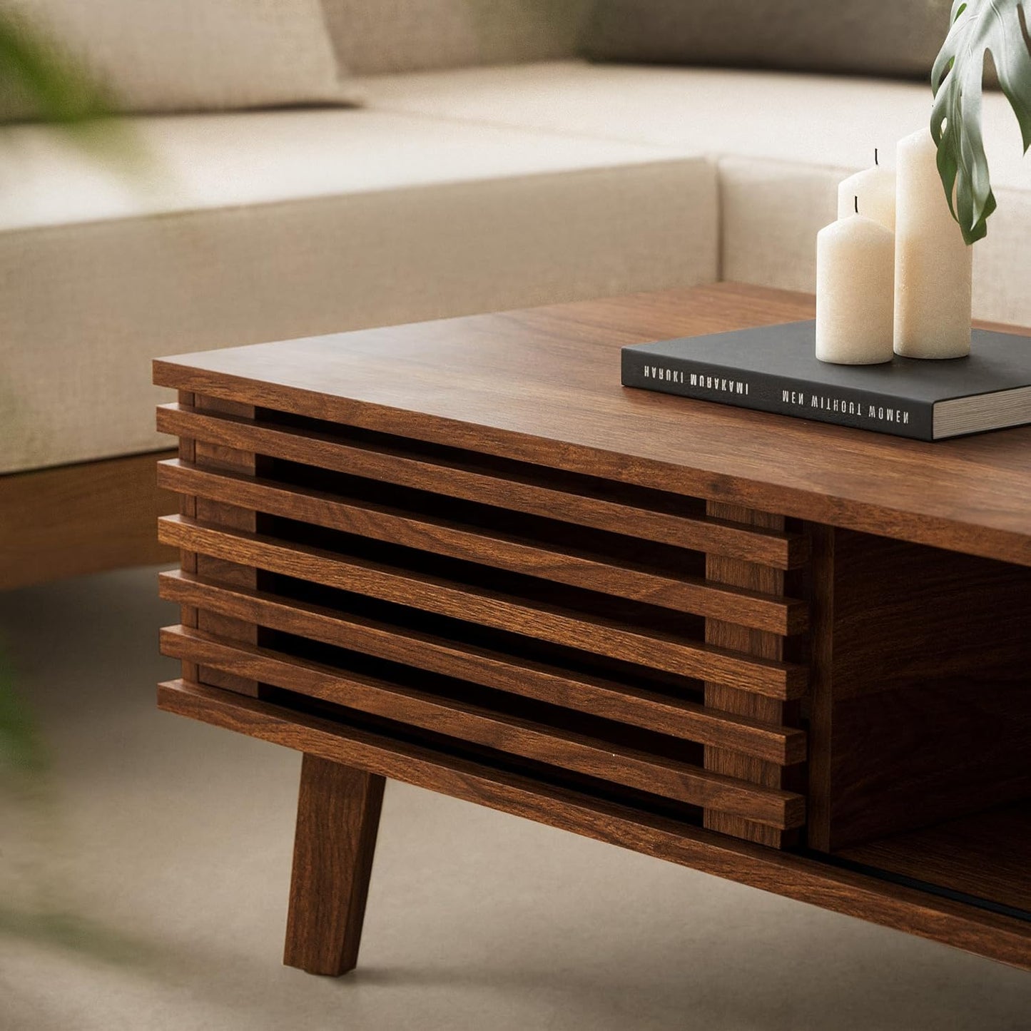 Mid Century Coffee Table with Storage & Sliding Fence Door, Modern Coffee Tables for Living Room, Walnut Finish