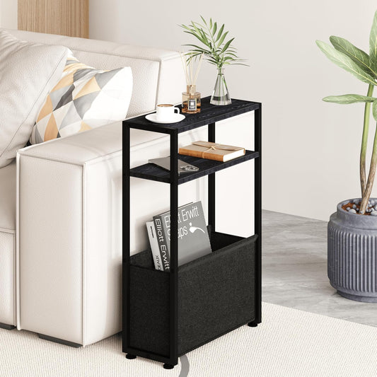 Black Side Table, Slim Side Table with Magazine Rack, Bathroom Table for Small Spaces, Narrow Bedside Table for Living Room, Bedroom