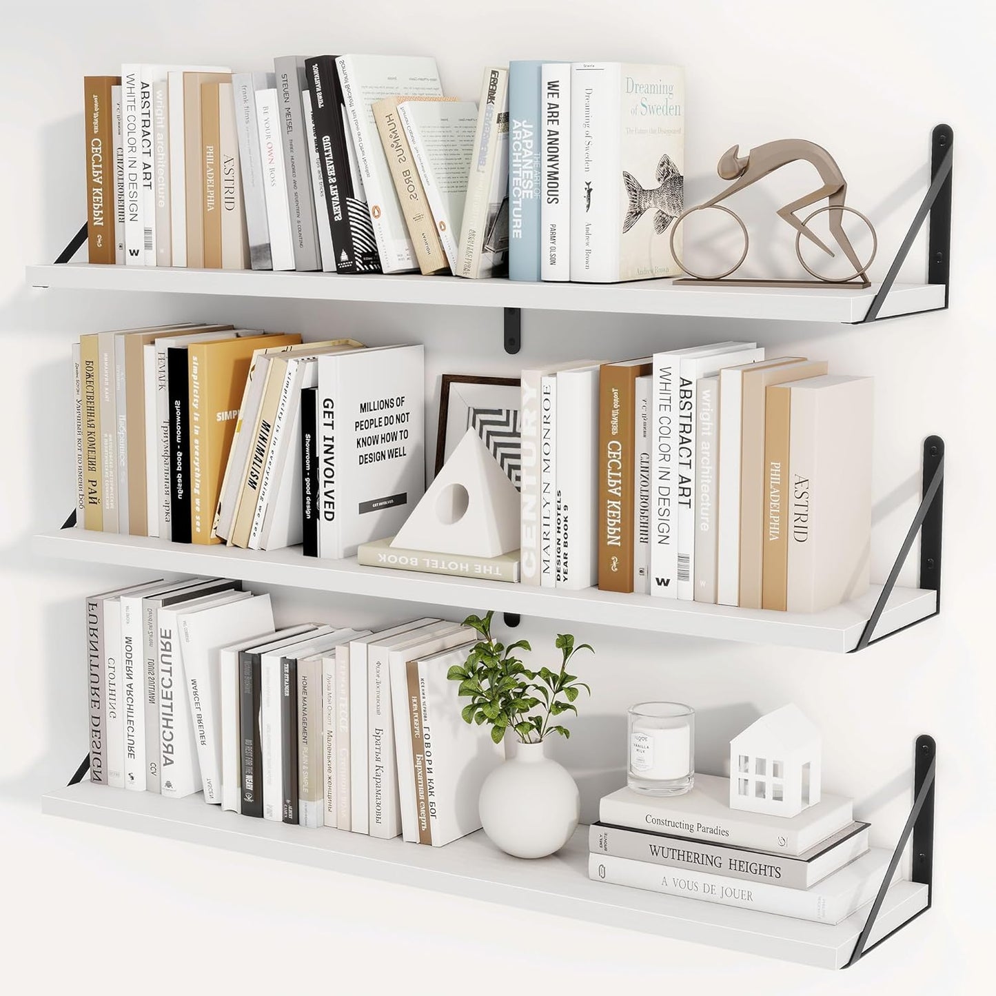 Heimlove 36 Inch White Floating Bookshelves Set of 3,Heavy Duty Wall Mounted Bookshelves,Wall Bookshelf for Living Room,Bedroom,Kitchen,Laundry Room Storage & Decor