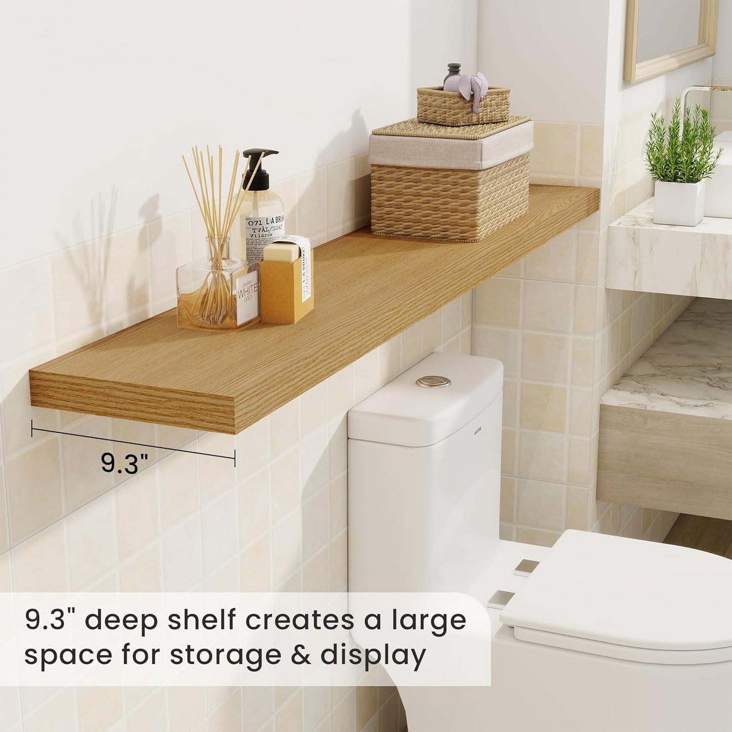 Fun Memories 55 Inch Fireplace Mantel Shelf -Long Floating Shelves, Deep Wall Mounted Farmhouse Display Shelves with Invisible Heavy Duty Metal Bracket, Oak, 2 Pack