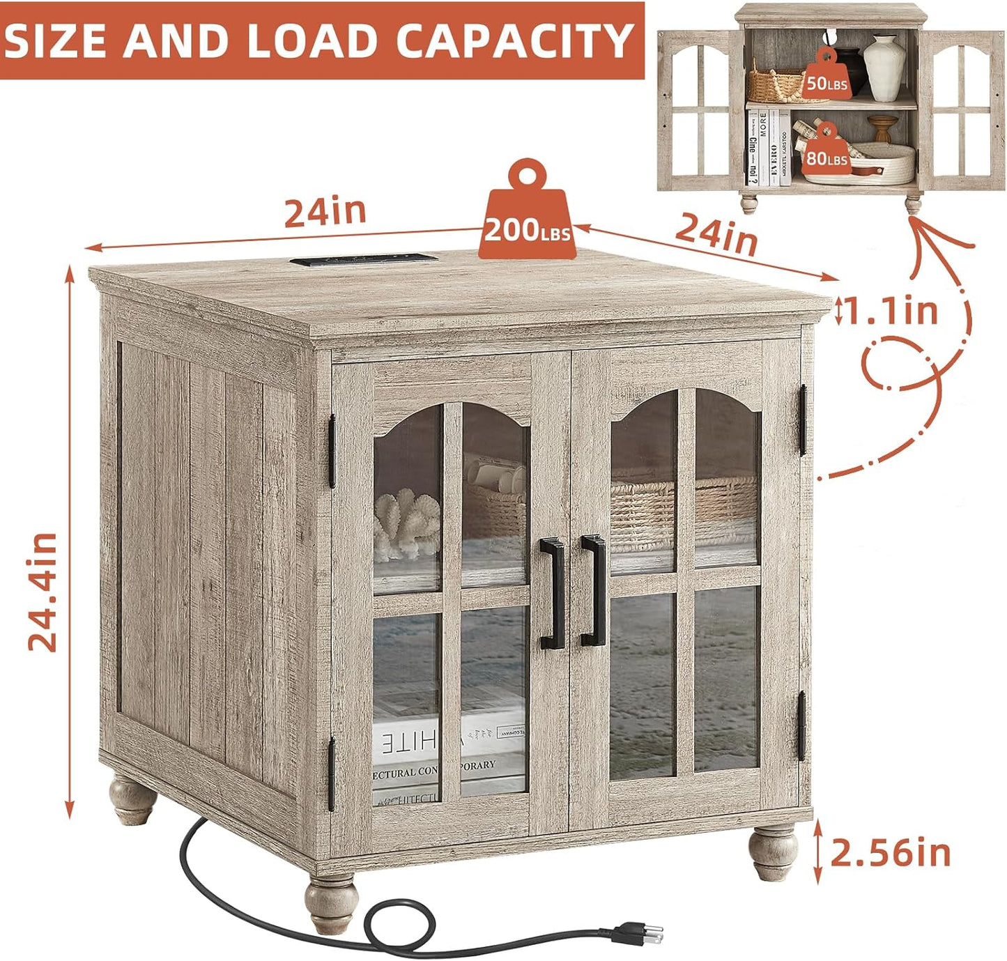 Farmhouse End Table with Charging Station,24" Large Sofa Side Table with Glass Barn Door,Rustic Wood Night Stand with Adjustable Storage Shelf,Square Bedside Table for Living Room,Bedroom Office