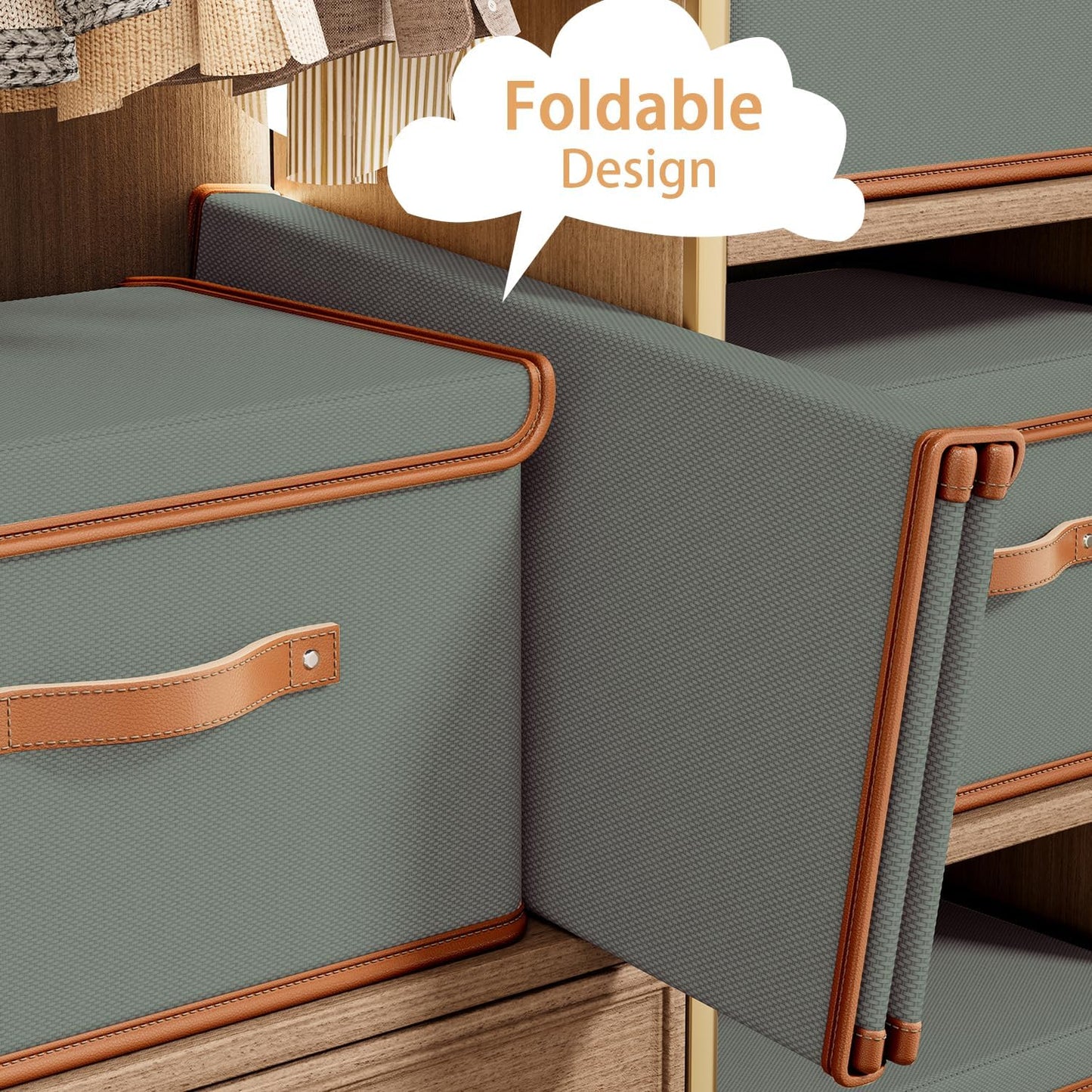 Tuza 2 Pack Storage Bins with Lids, Collapsible Closet Organizer Container, Fabric Organizer Box with Handles, Decorative Storage Boxes with Lids for Organizing Clothes, Blanket, Grey, Large