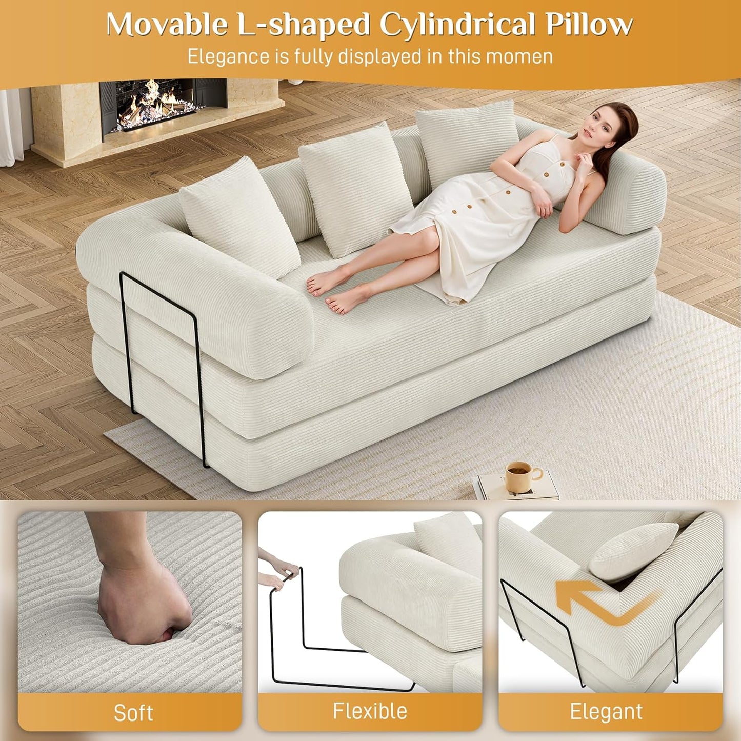 Convertible Sleeper Sofa Bed with Pillow, 4-in-1 Corduroy Folding Mattress Couch with Fixed-Shape Frame, Fold Out Floor Sofa Cama Lounge Couch for Living Room Bedroom Studio, Beige White