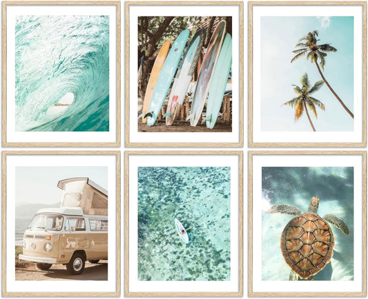 EVPYXFUT Set of 6 Tropical Beach Canvas Wall Art Surf Poster Summer Ocean Coastal Pictures Turtle Print Palm Tree Surfboard Gallery Paintings Nautical Bus Wall Decor for Bedroom Bathroom Unframed