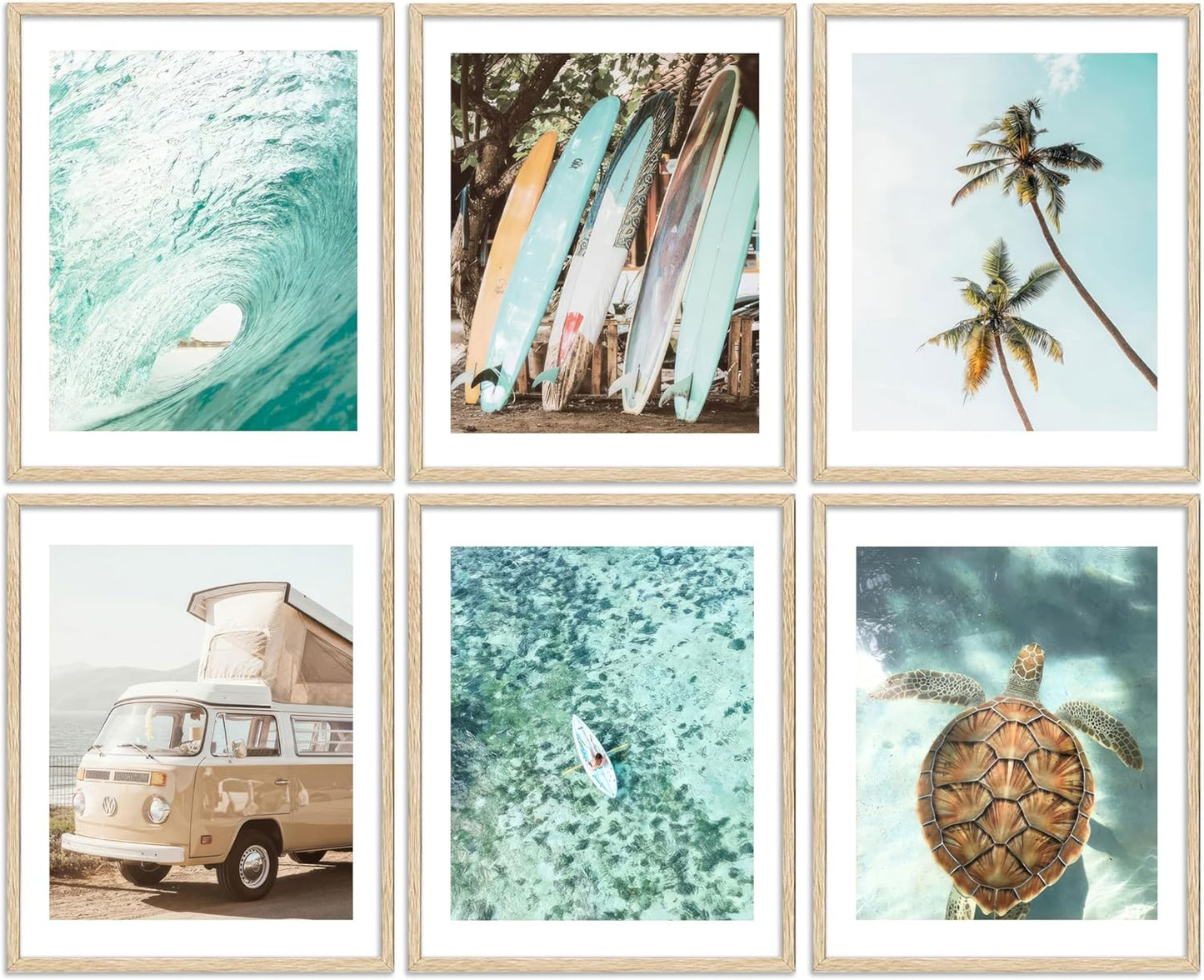 EVPYXFUT Set of 6 Tropical Beach Canvas Wall Art Surf Poster Summer Ocean Coastal Pictures Turtle Print Palm Tree Surfboard Gallery Paintings Nautical Bus Wall Decor for Bedroom Bathroom Unframed