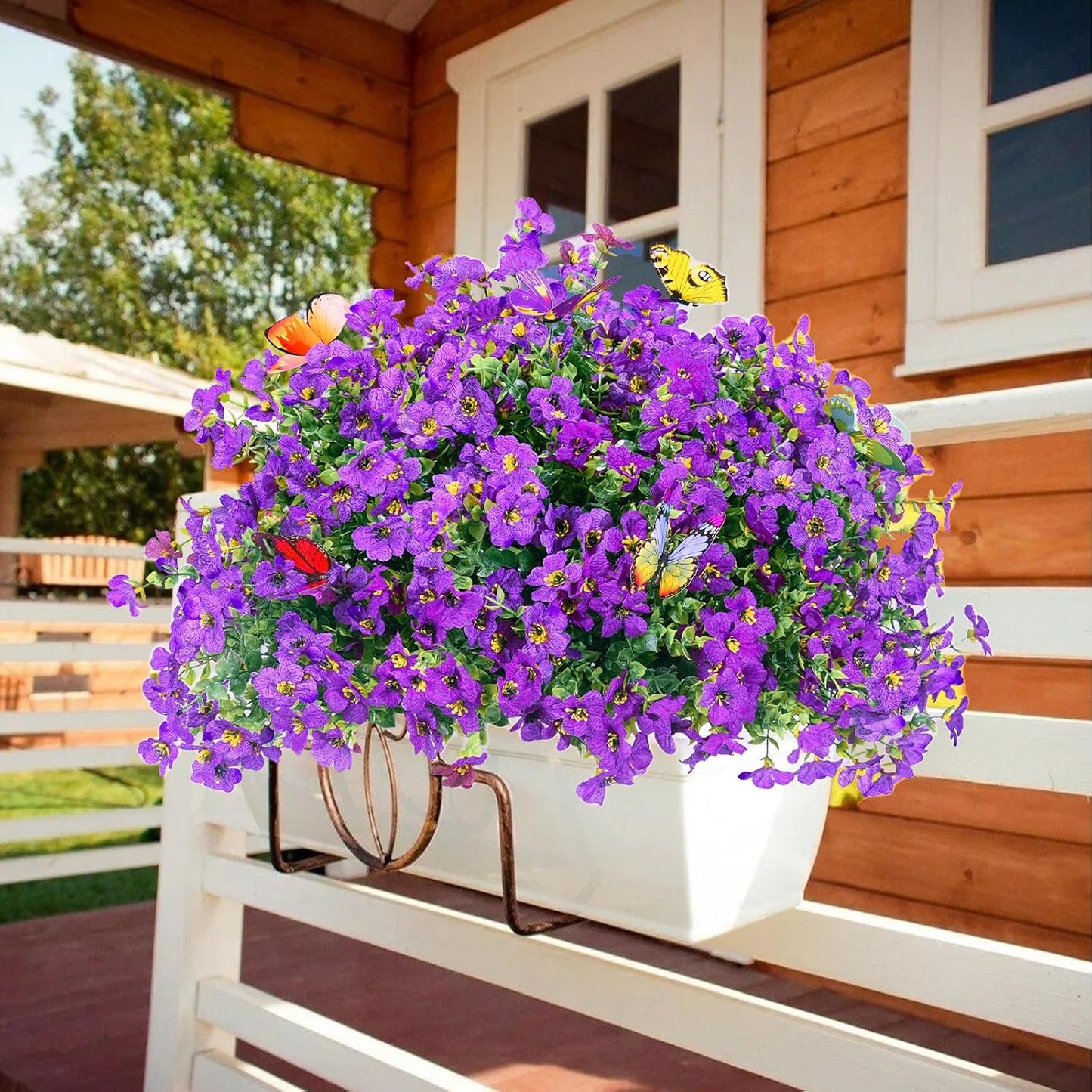 ‌20 Bundles Artificial Flowers for Outdoors‌ with 6 Faux Butterflies, UV Resistant ‌Fake Flowers‌ with Eucalyptus Leaves, ‌Artificial Plants Outdoor‌ for Patio Garden Porch Home Decor (Purple)