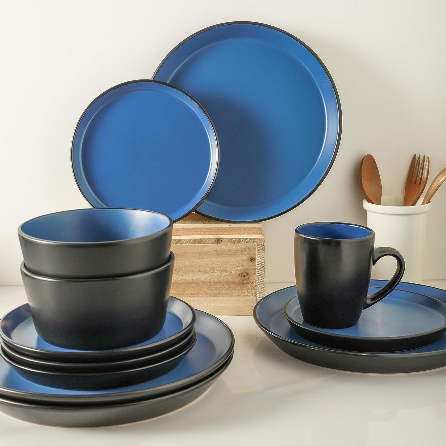 Stone Lain Albie Stoneware 32-Piece Modern Dinnerware Set, Kitchen Plates and Bowls Sets, Dish Set for 8, Blue and Black