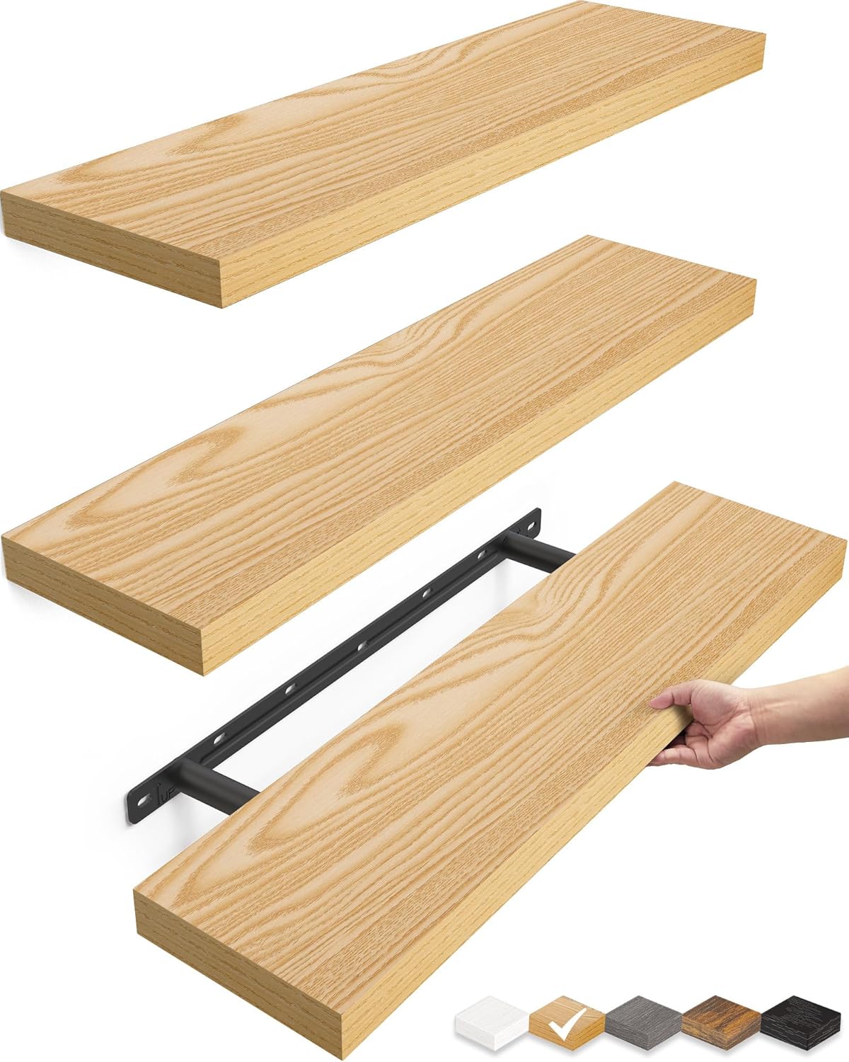 BAYKA Floating Shelves for Wall, 22.5 inches Wall Mounted Rustic Wood Shelves for Bathroom, Bedroom, Living Room, Floating Shelves for Books/Storage/Decor (Oak-Toned,Set of 3)